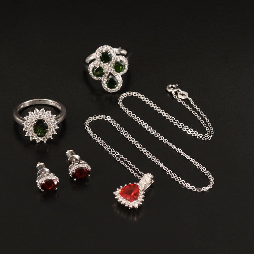 Gemstone Pendant Necklace, Earrings and Pairing of Rings in Sterling