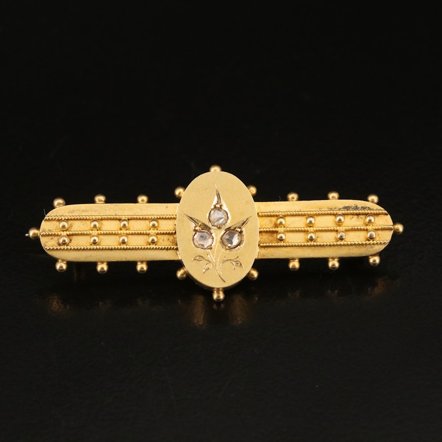 Victorian 14K Diamond Floral Bar Brooch with Granulated Accents