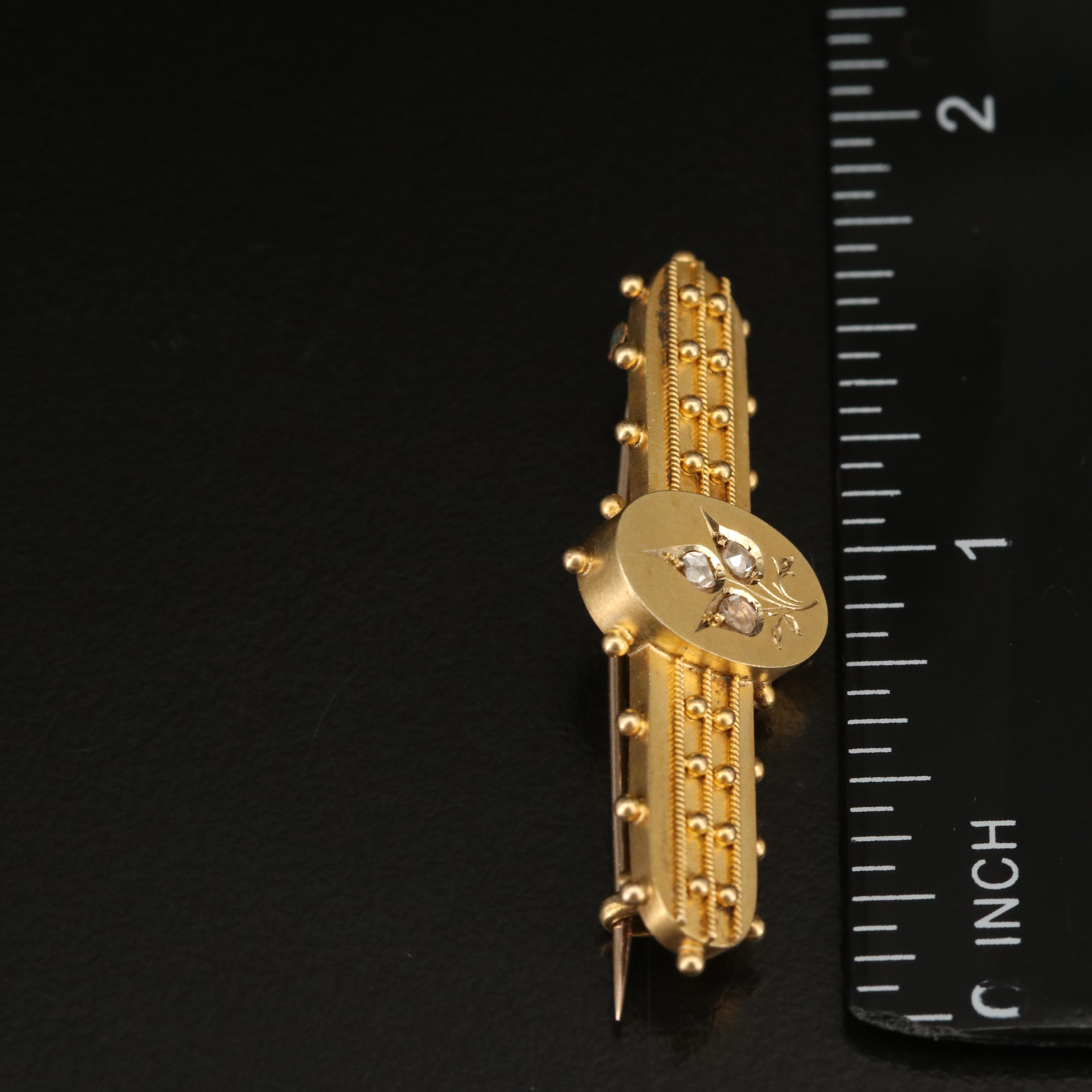 Victorian 14K Diamond Floral Bar Brooch with Granulated Accents
