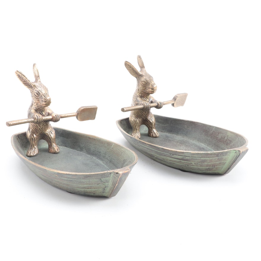 Patinated Cast Brass Rabbit in Rowboat Trinket Dishes