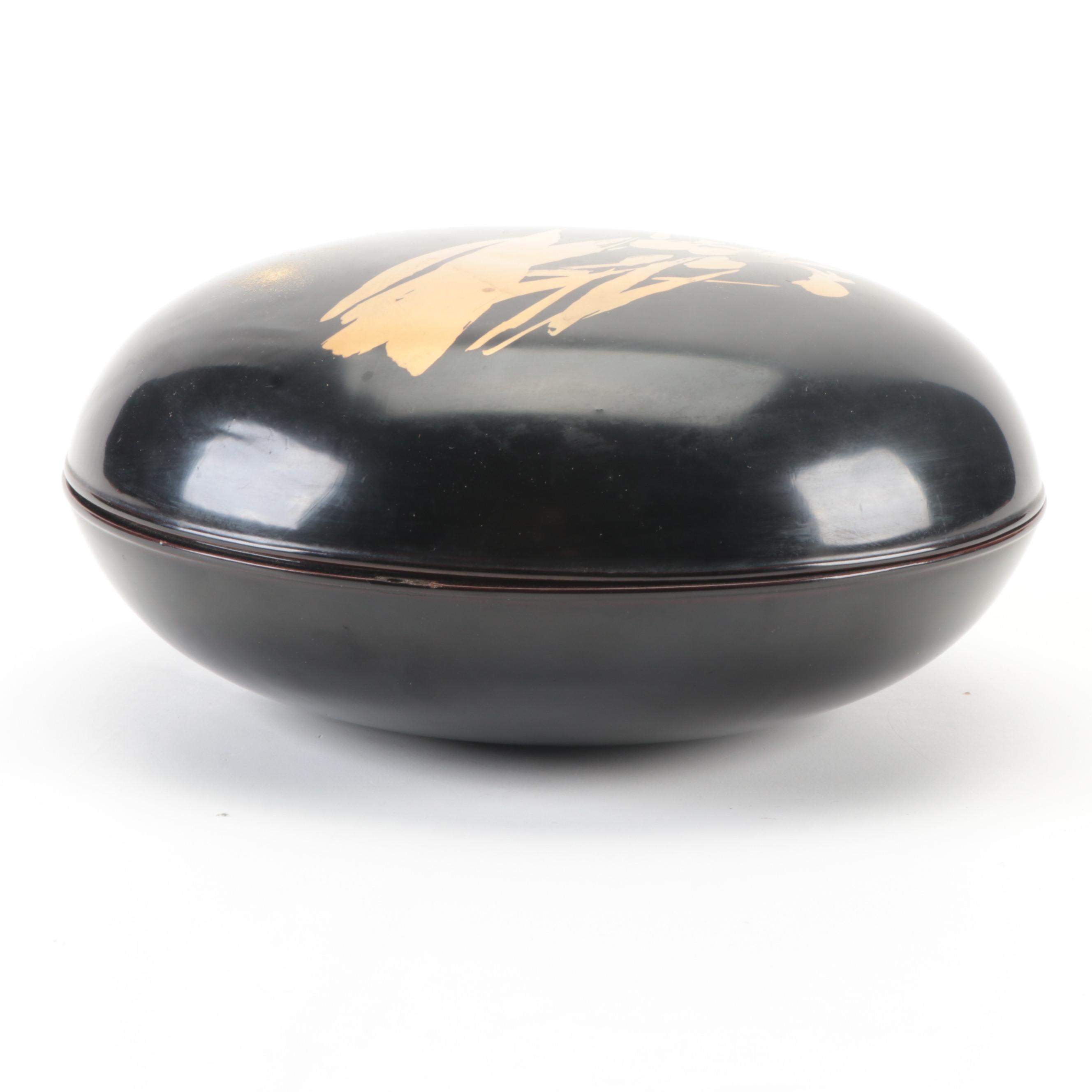 Japanese Lacquerware Round Box with Silk Wrap and Wood Gift Box, Late Meiji