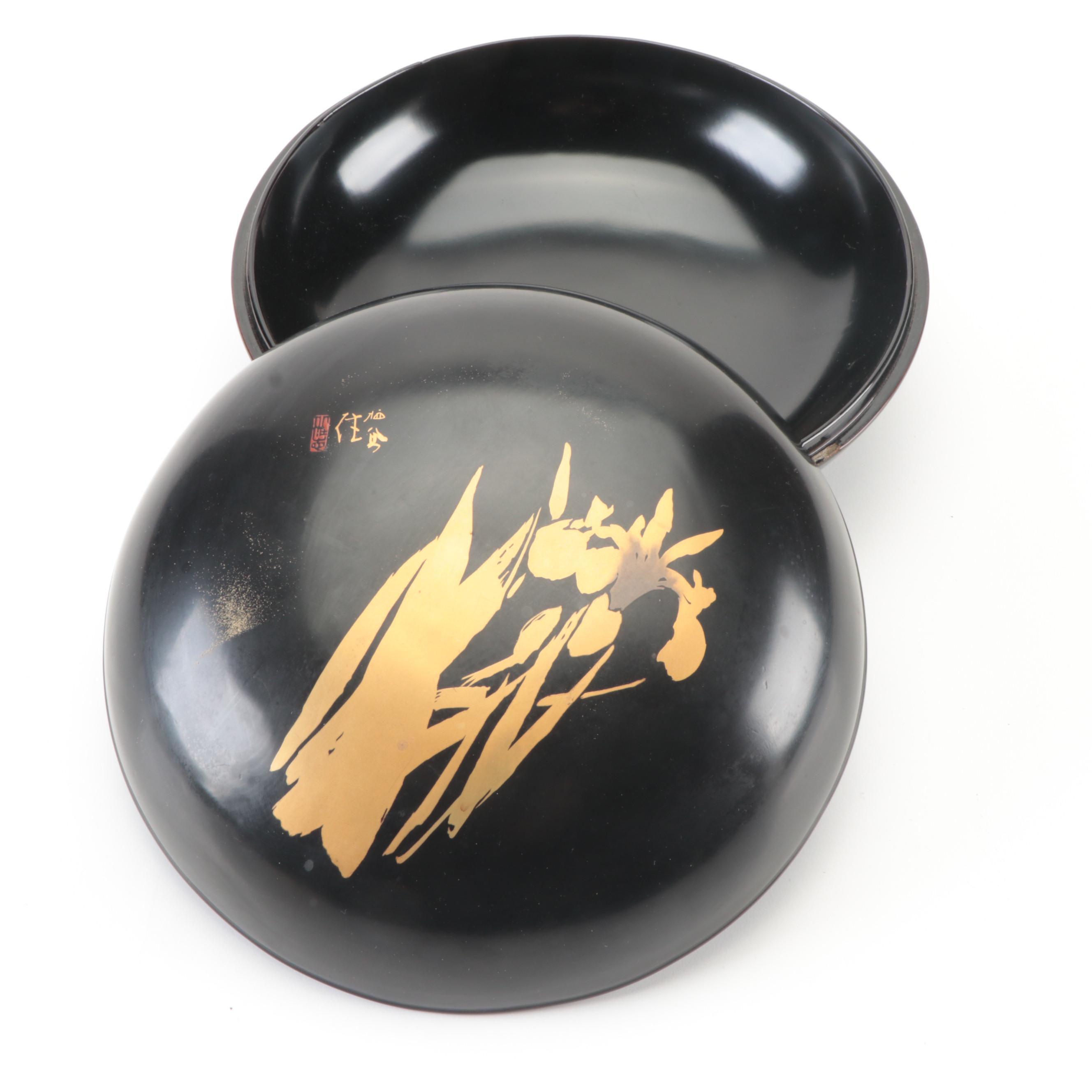 Japanese Lacquerware Round Box with Silk Wrap and Wood Gift Box, Late Meiji