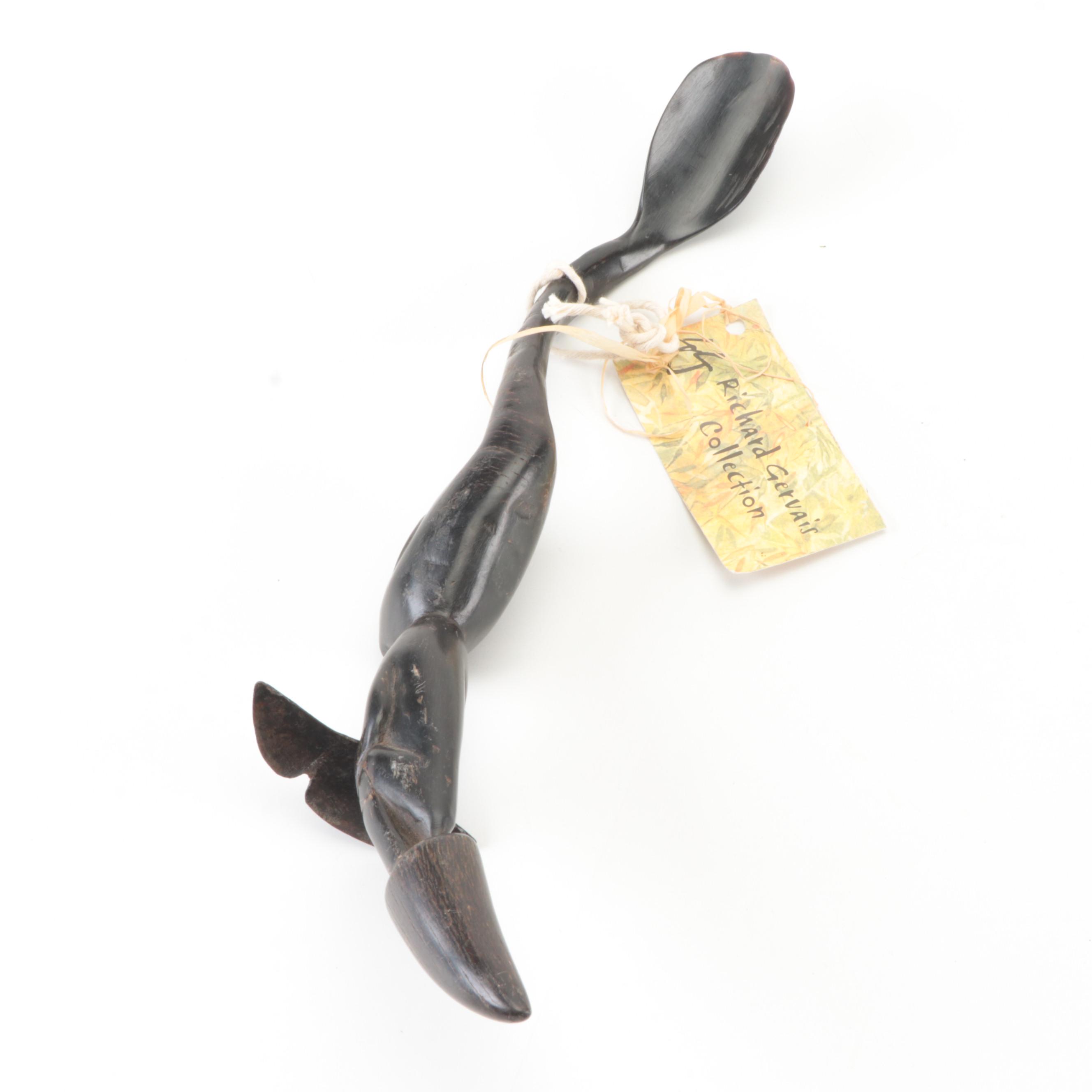 Filipino Carved Horn Bulul Figural Rice Harvester Finger Knife, Mid-20th Century