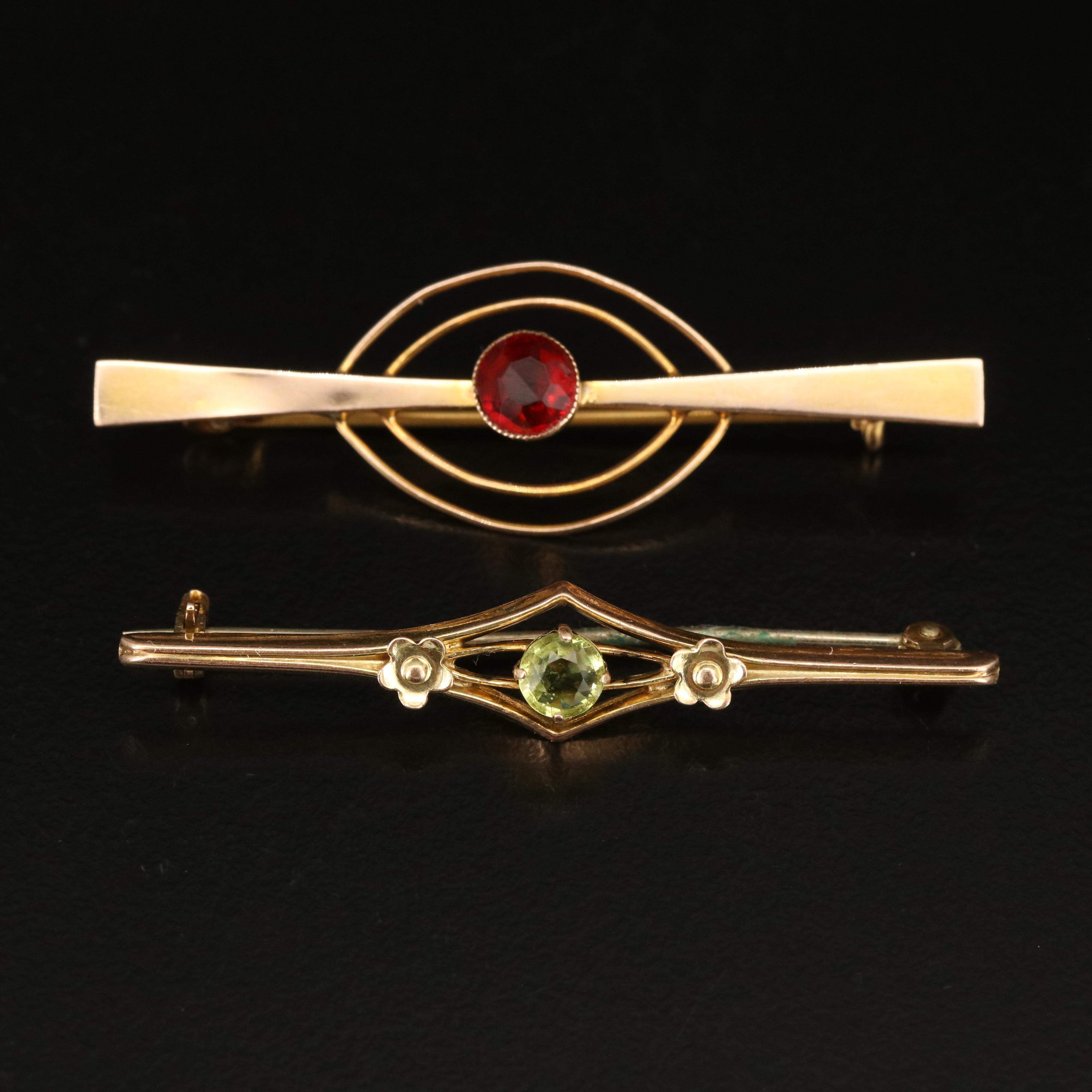 Early 1900s 10K and 9K Glass Bar Brooches with Knife Edge Accents