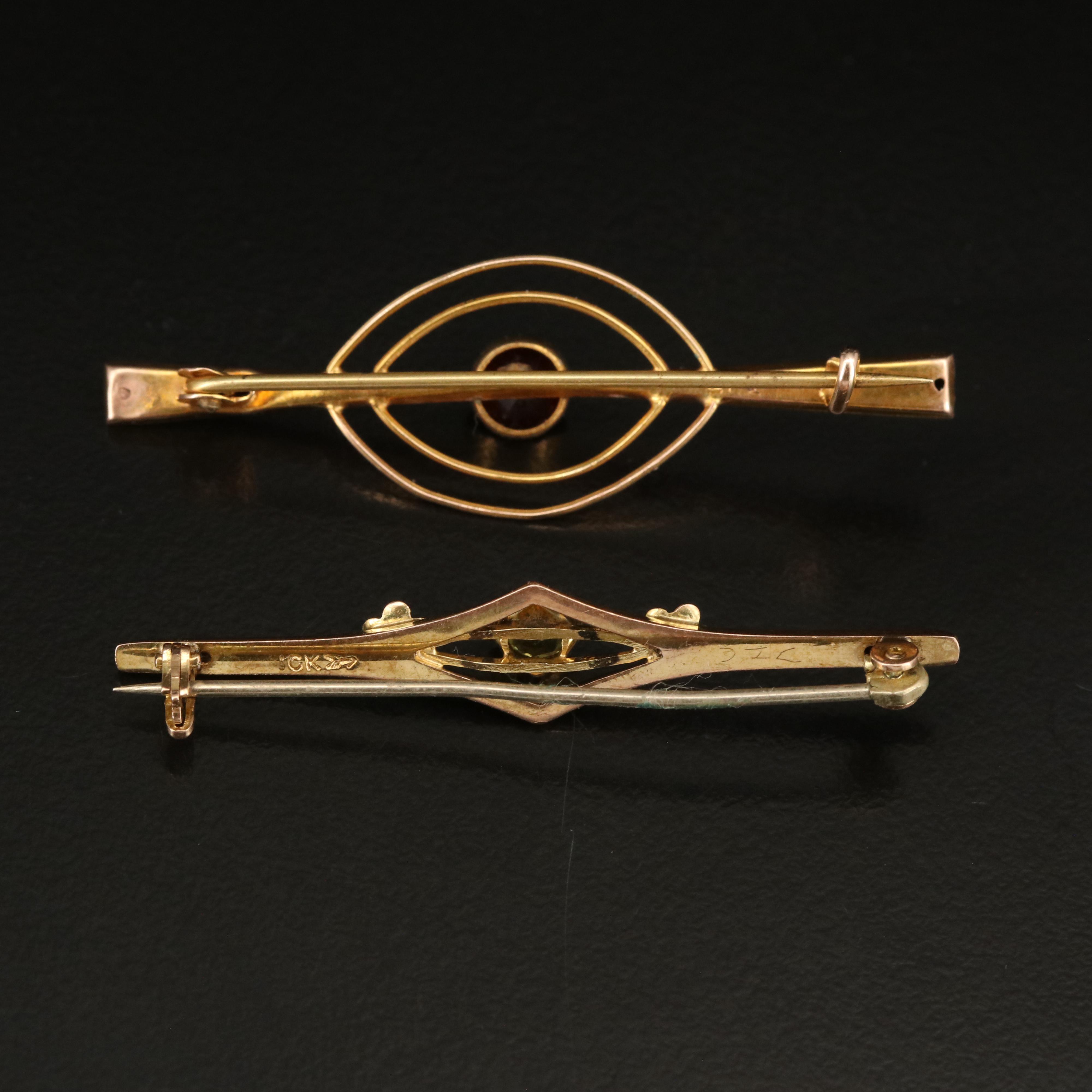 Early 1900s 10K and 9K Glass Bar Brooches with Knife Edge Accents