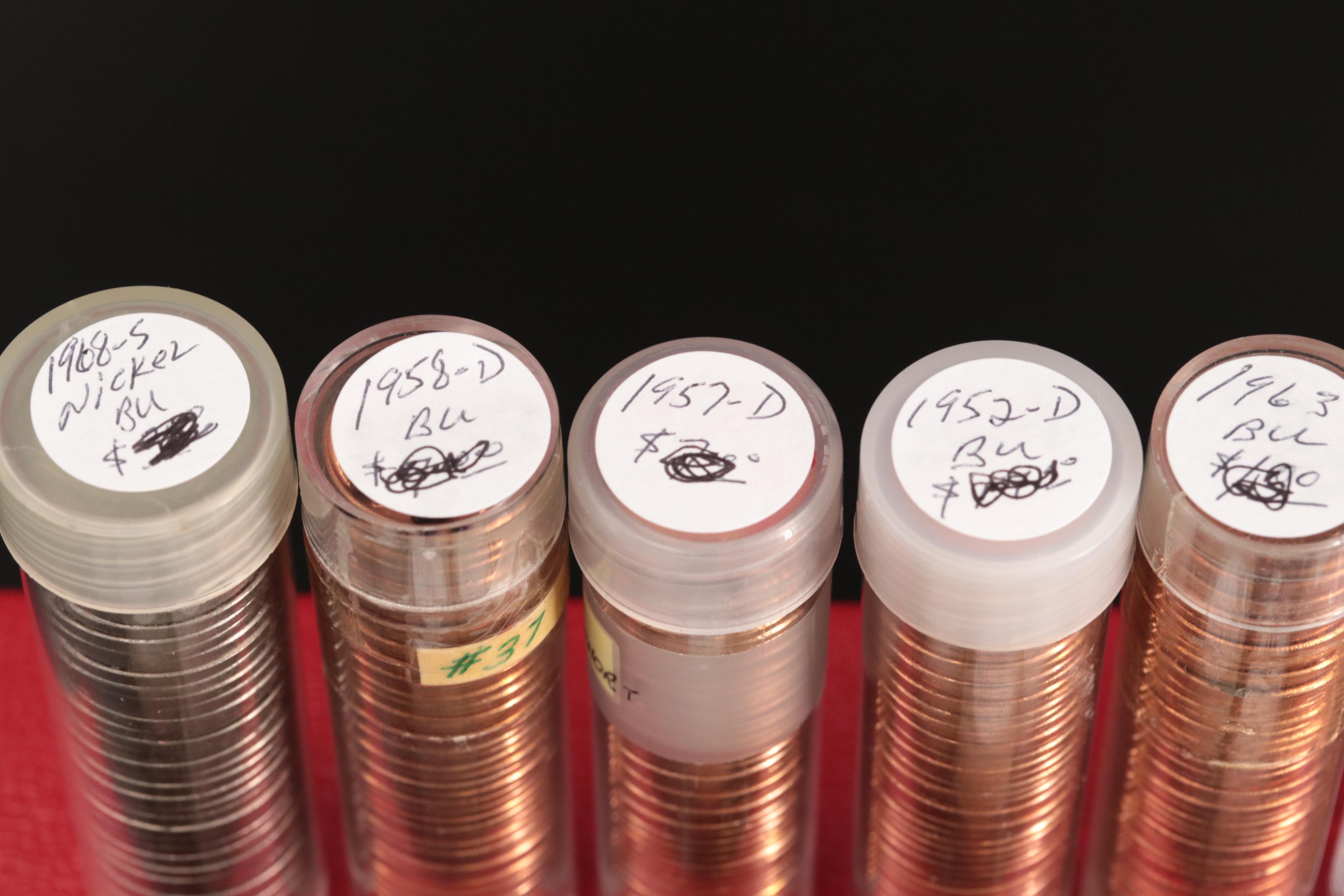 Fifteen Tubes of Uncirculated Lincoln Cents, Nickels, and Dimes