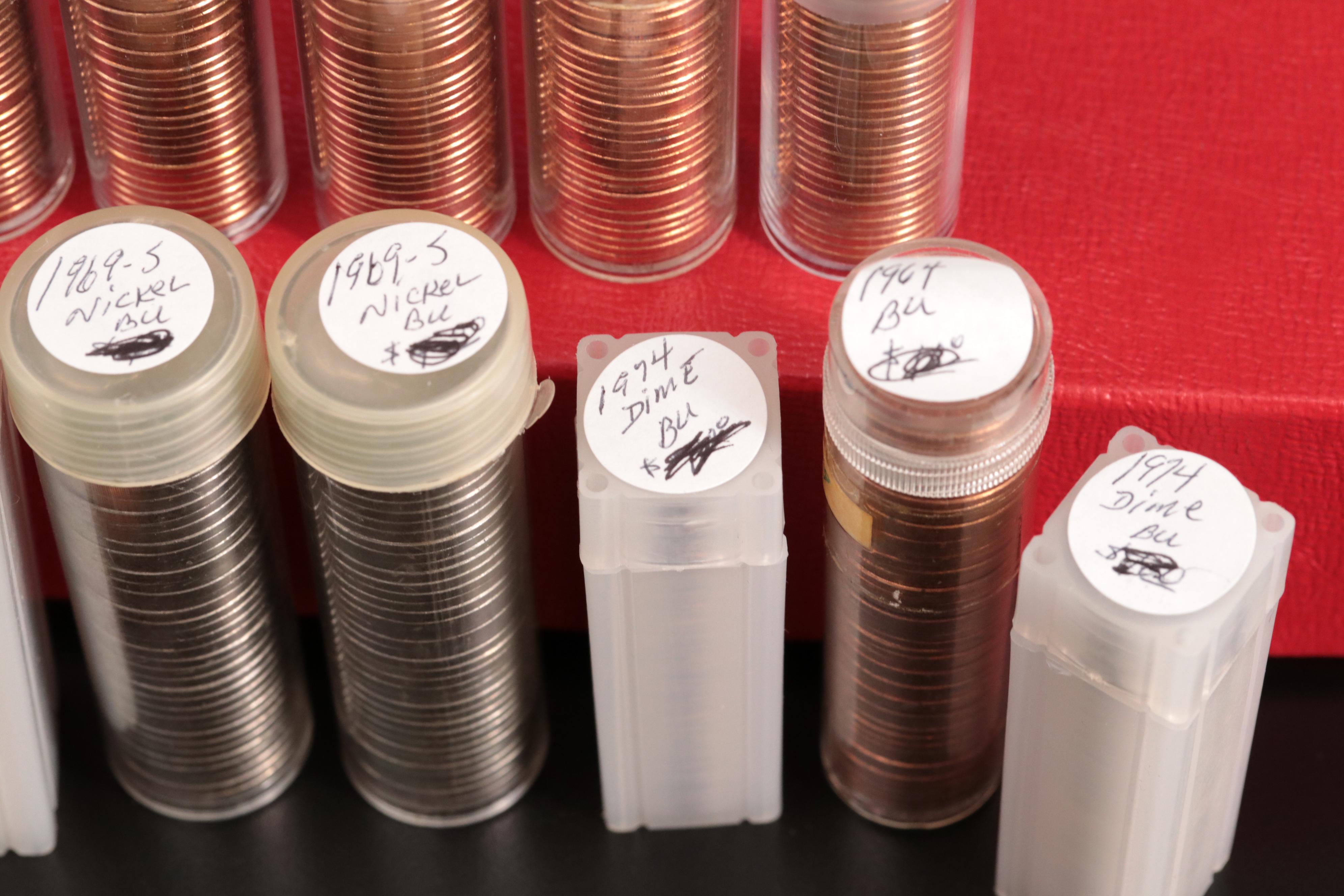 Fifteen Tubes of Uncirculated Lincoln Cents, Nickels, and Dimes