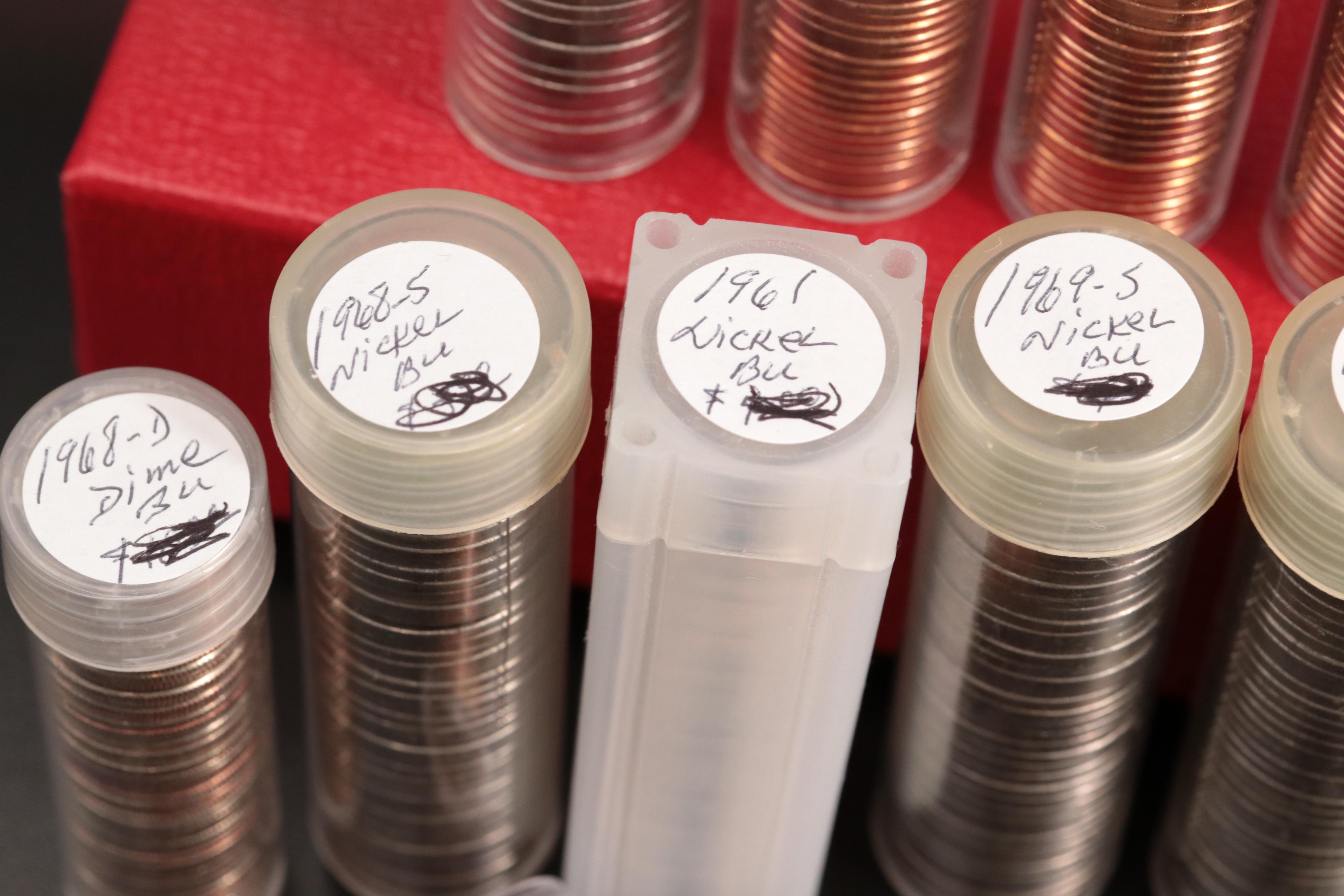 Fifteen Tubes of Uncirculated Lincoln Cents, Nickels, and Dimes