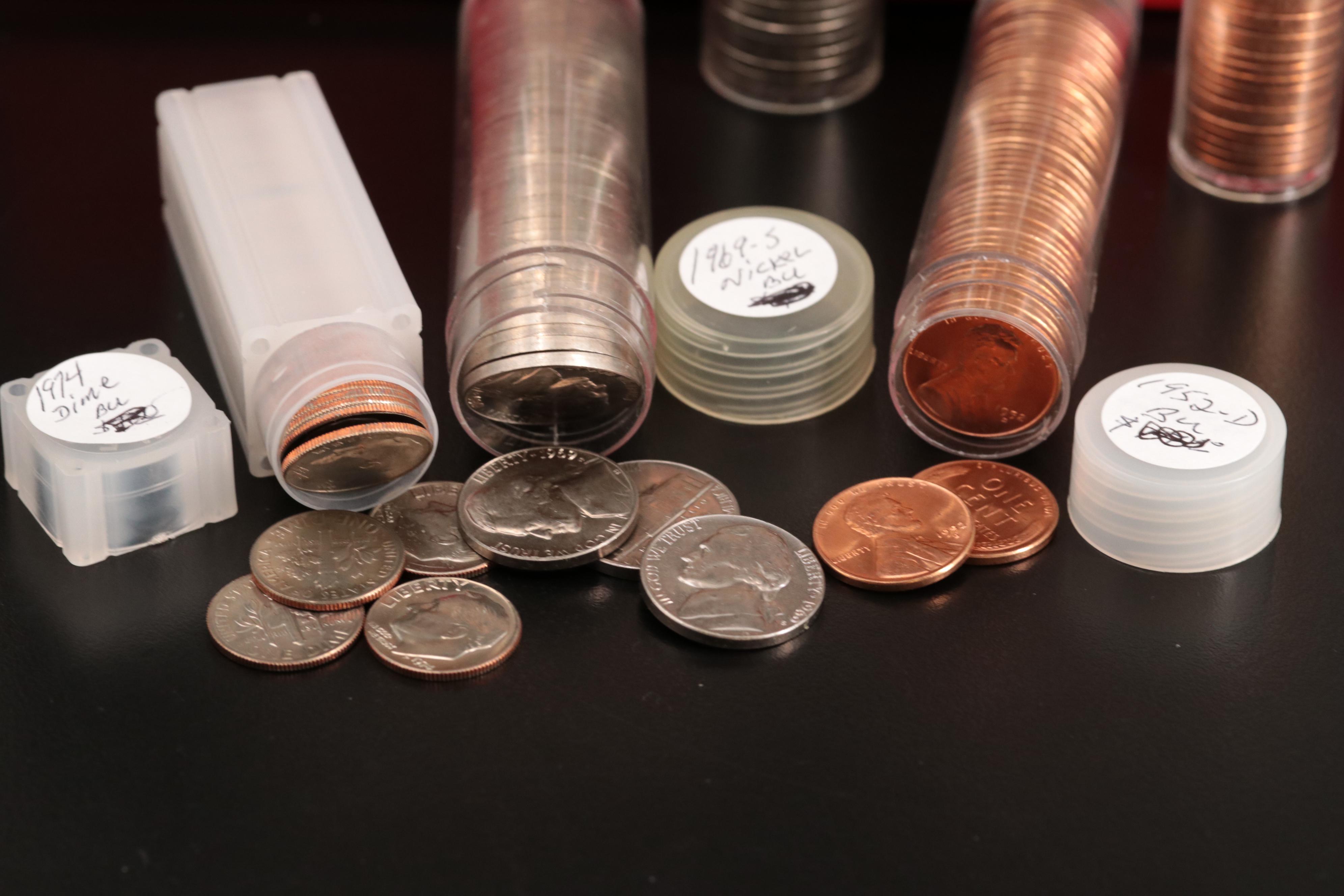 Fifteen Tubes of Uncirculated Lincoln Cents, Nickels, and Dimes