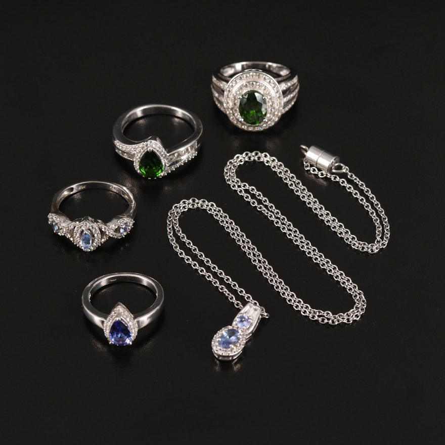 Quartet of Rings and Pendant with Tanzanite, Diopside and Zircon in Sterling