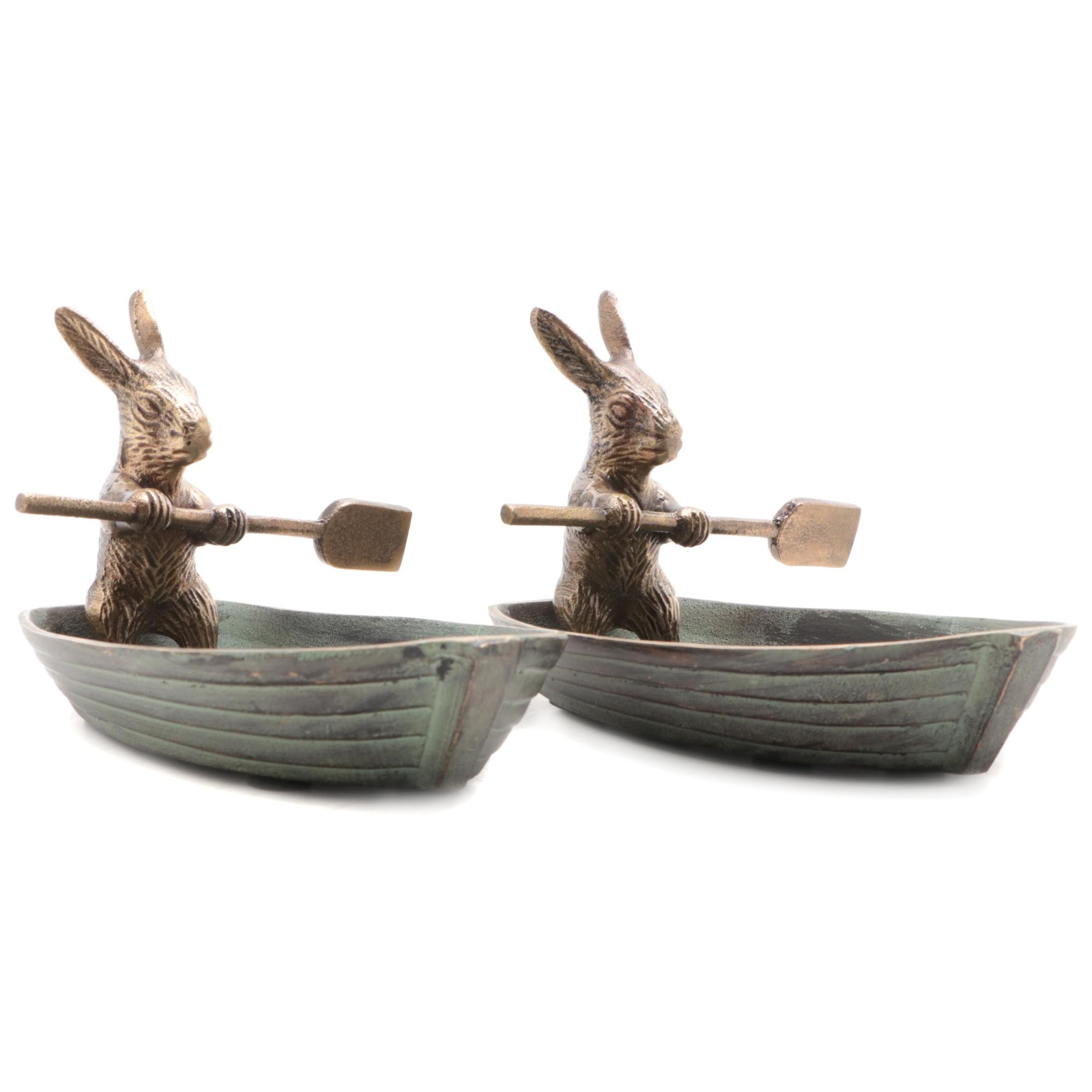 Patinated Cast Brass Rabbit in Rowboat Trinket Dishes