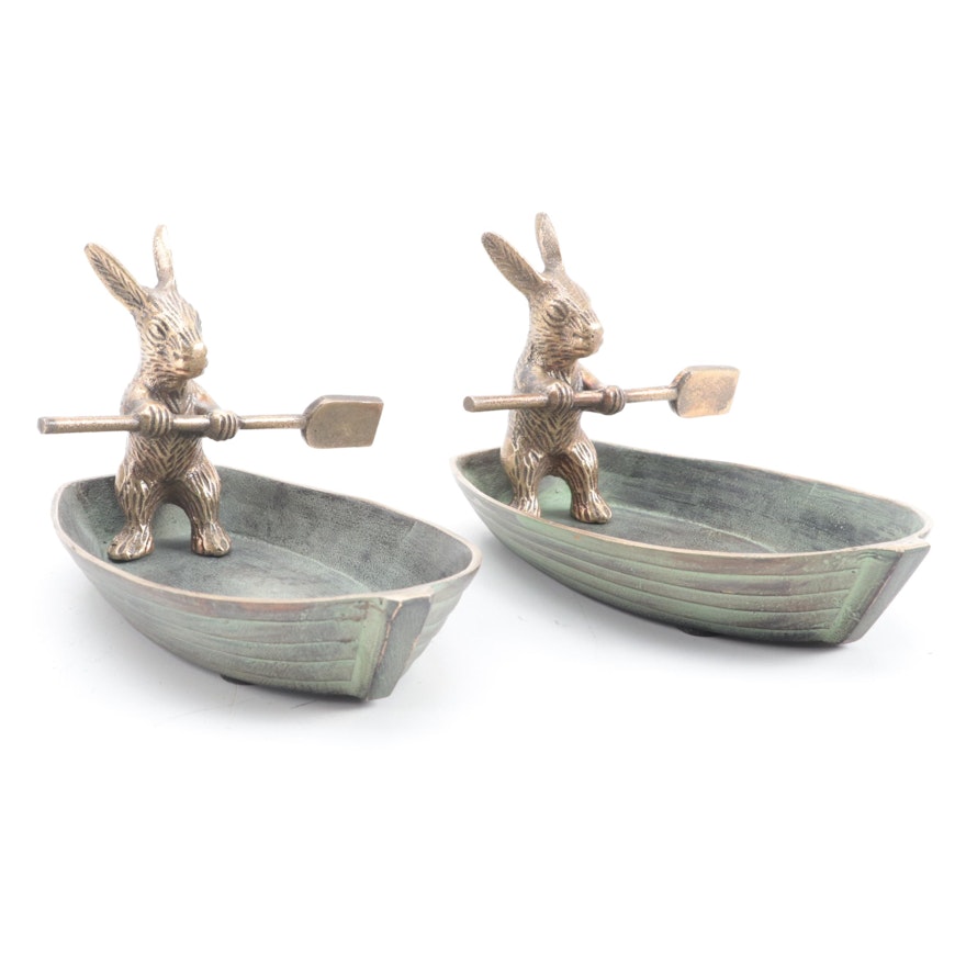 Patinated Cast Brass Rabbit in Rowboat Trinket Dishes