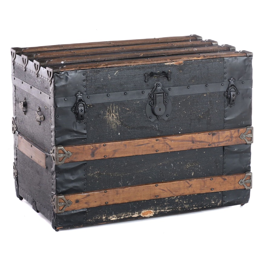 Late Victorian Canvas-Lined, Metal-Bound, & Slatted Wood Flat-Top Steamer Trunk