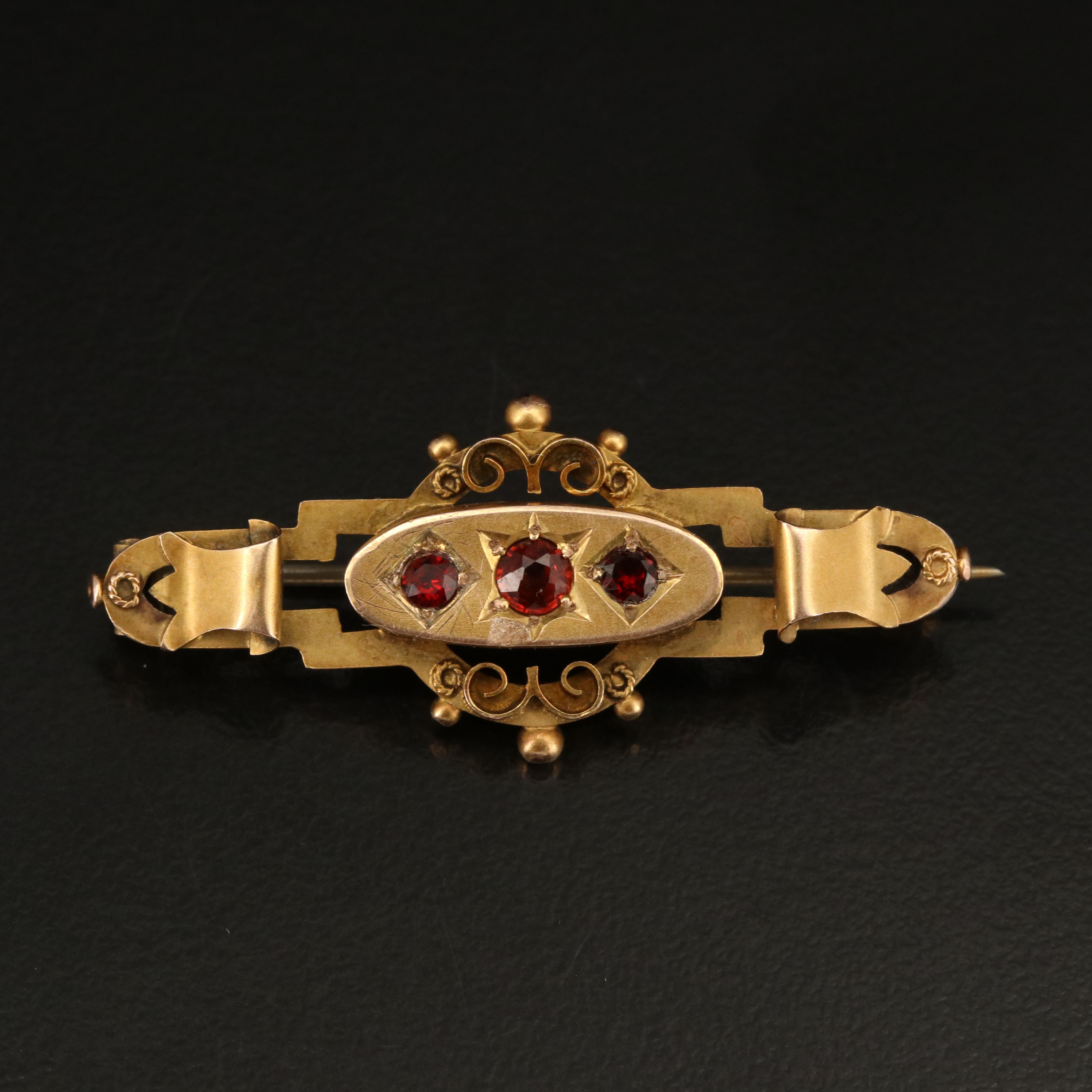 Victorian Etruscan Revival 9K Garnet Bar Brooch
