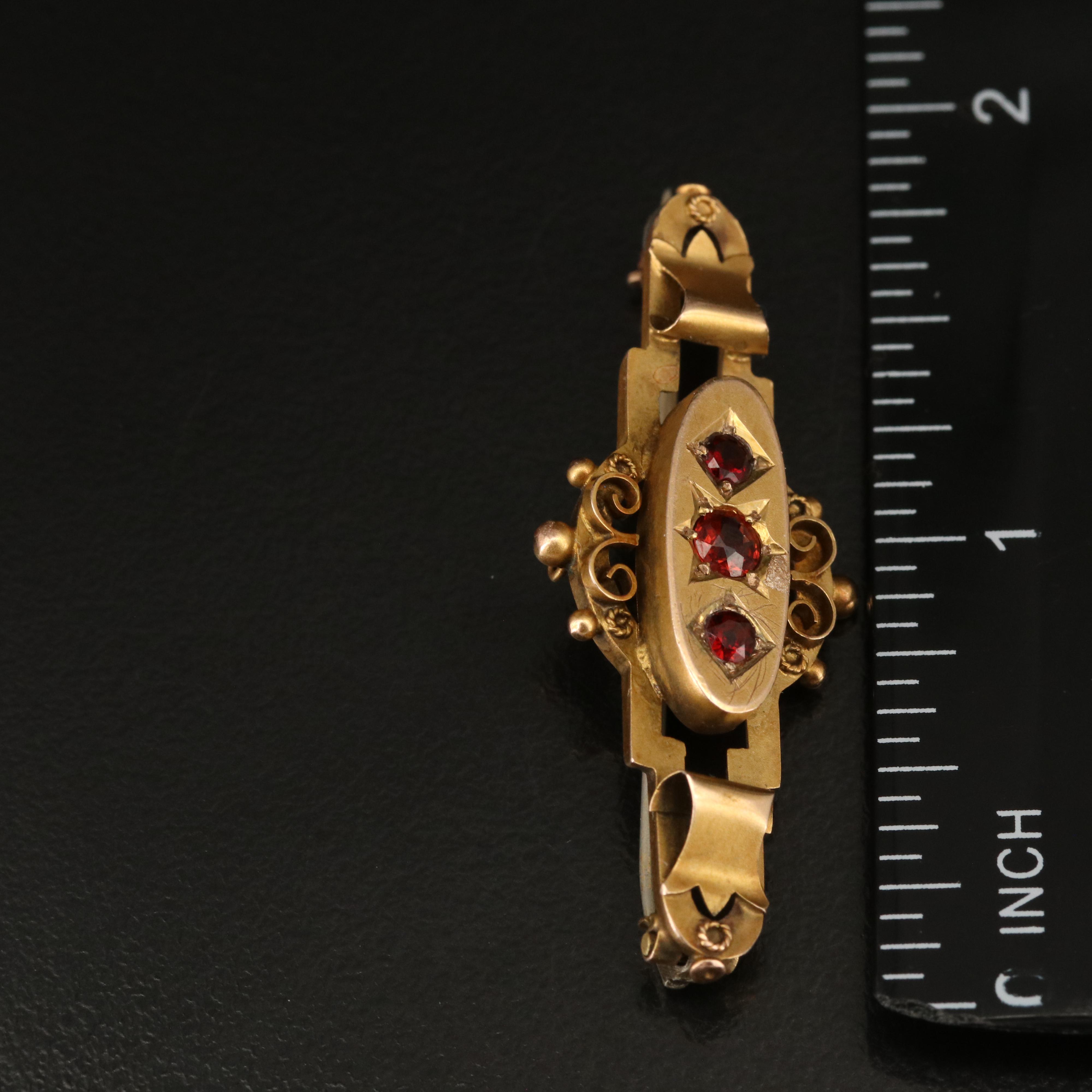 Victorian Etruscan Revival 9K Garnet Bar Brooch