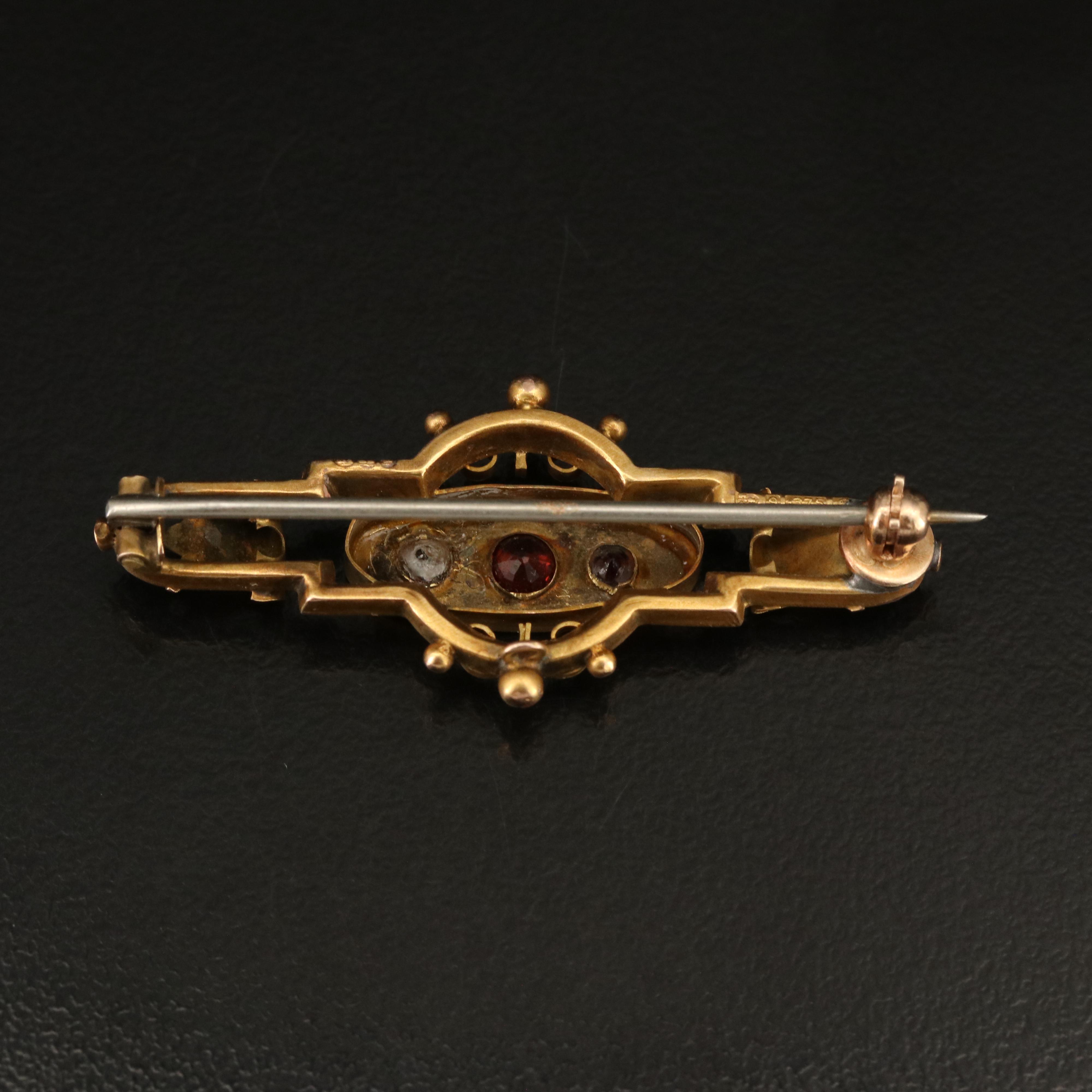Victorian Etruscan Revival 9K Garnet Bar Brooch