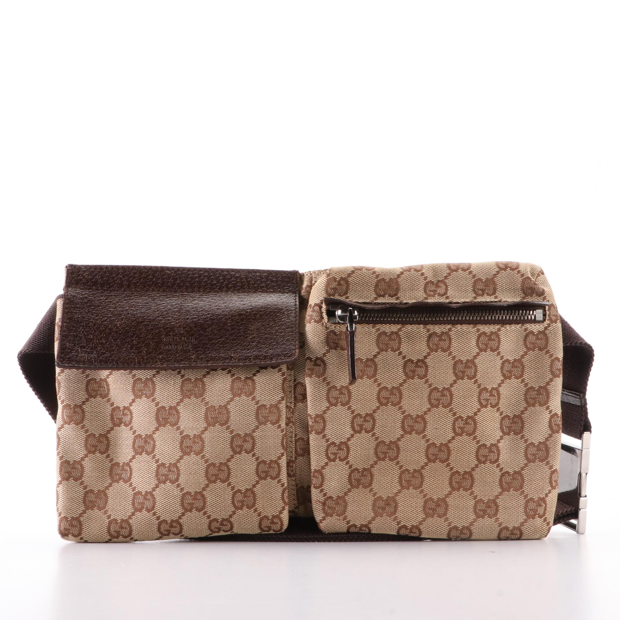 Gucci Belt Bag in GG Canvas and Dark Brown Leather