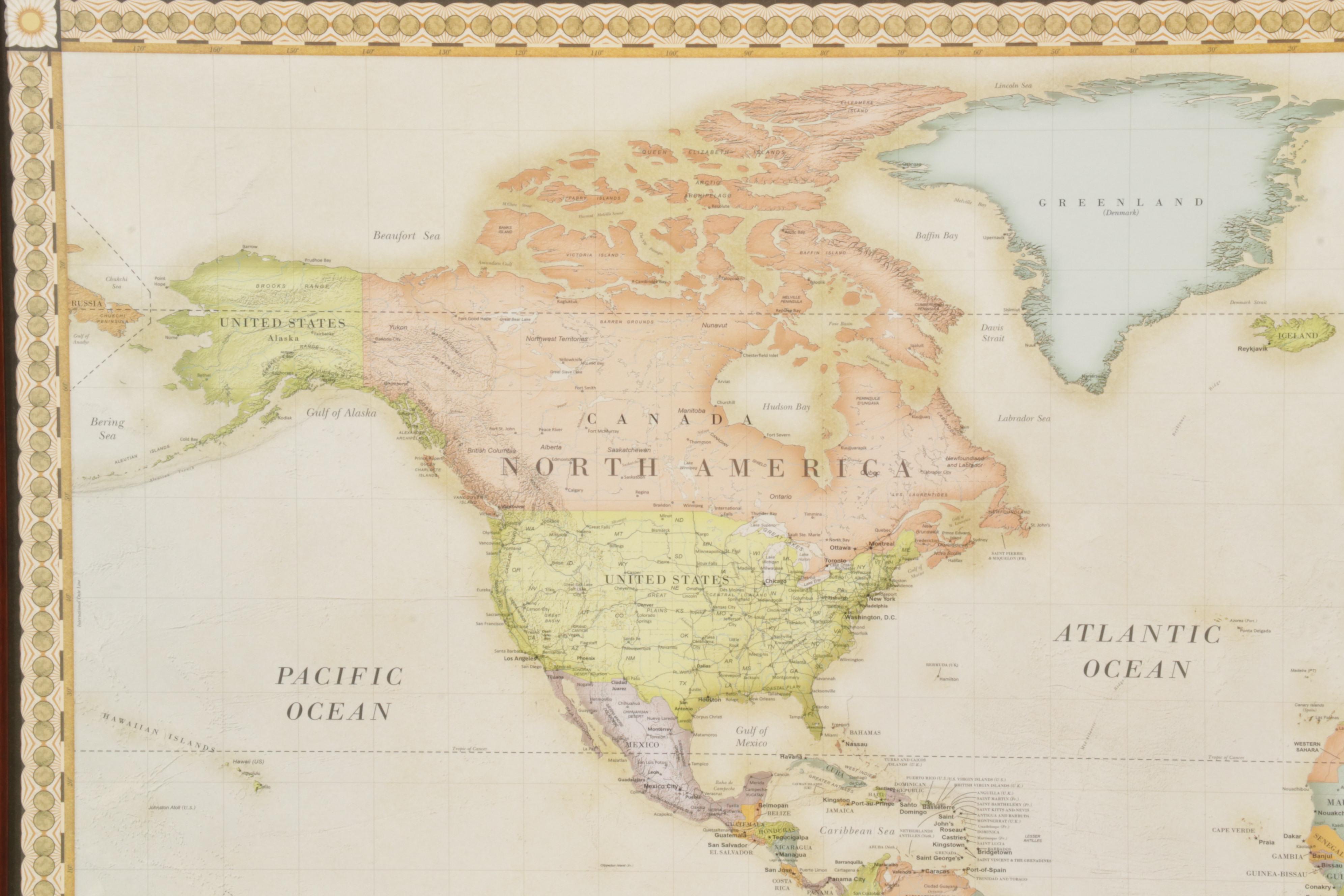 Magnetic World Map Offset Lithograph Wall Hanging, 21st Century