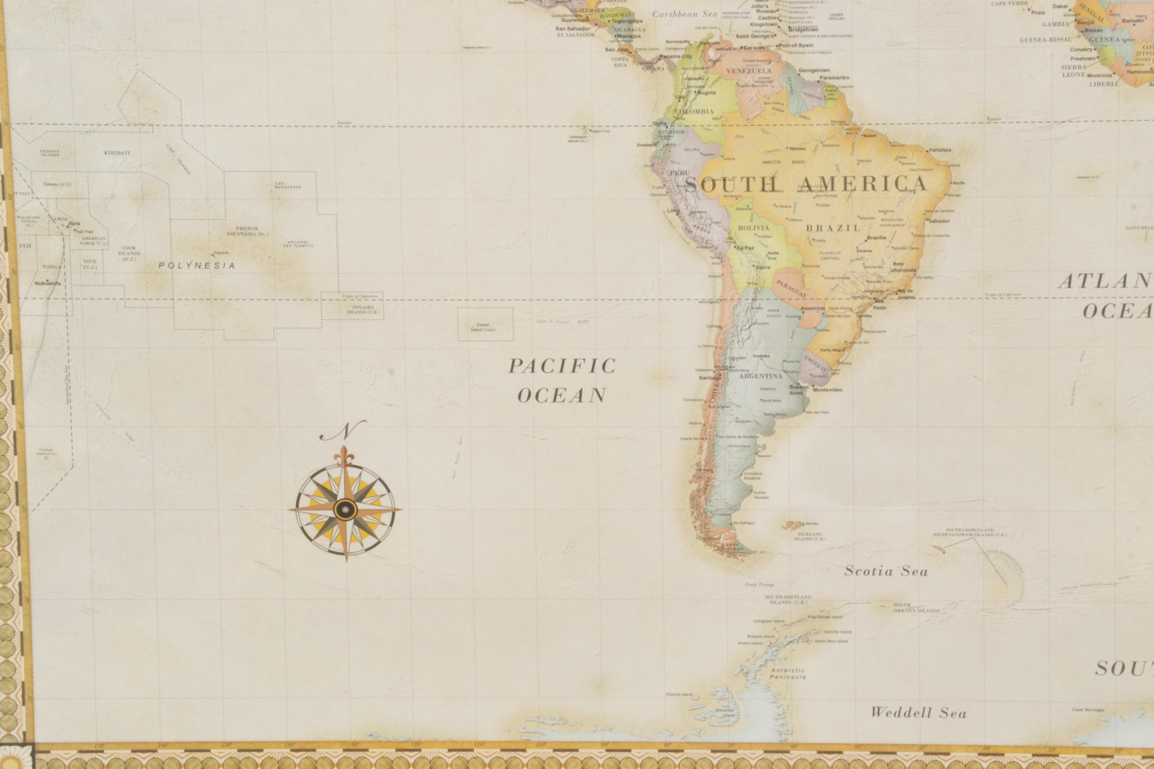 Magnetic World Map Offset Lithograph Wall Hanging, 21st Century