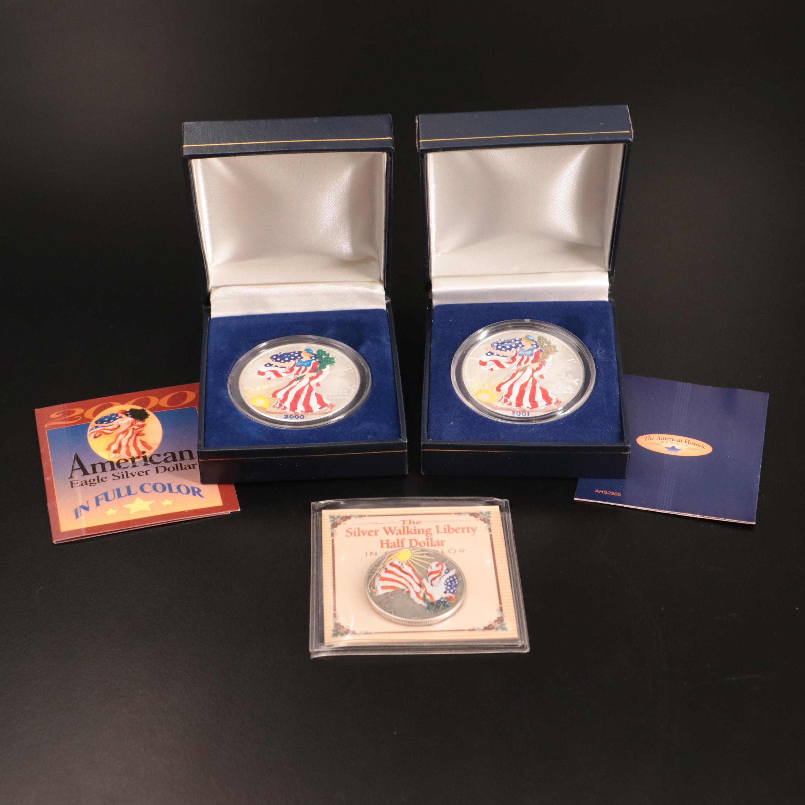 Two Colorized American Silver Eagles With Colorized Walking Liberty Half Dollar