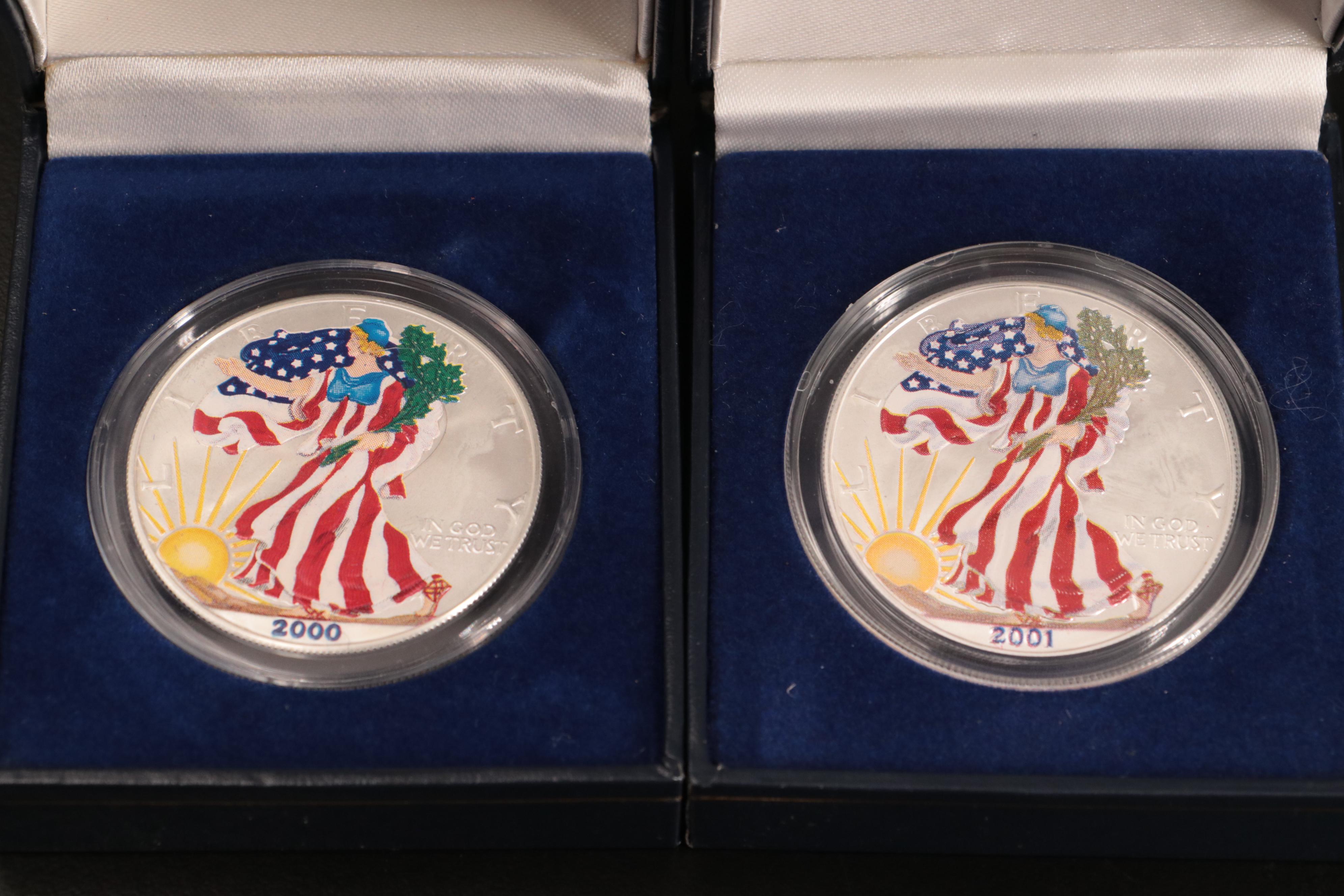 Two Colorized American Silver Eagles With Colorized Walking Liberty Half Dollar