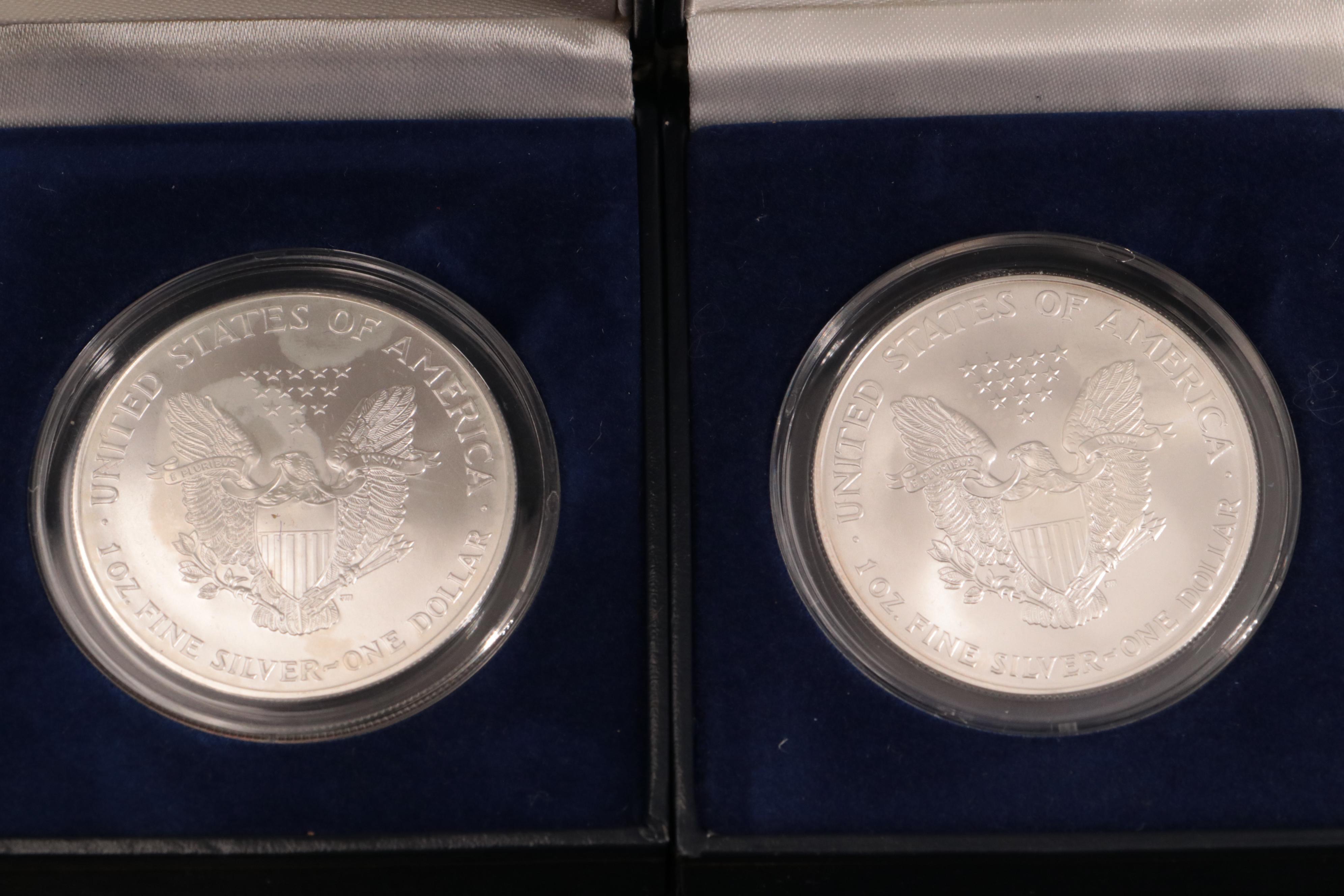 Two Colorized American Silver Eagles With Colorized Walking Liberty Half Dollar