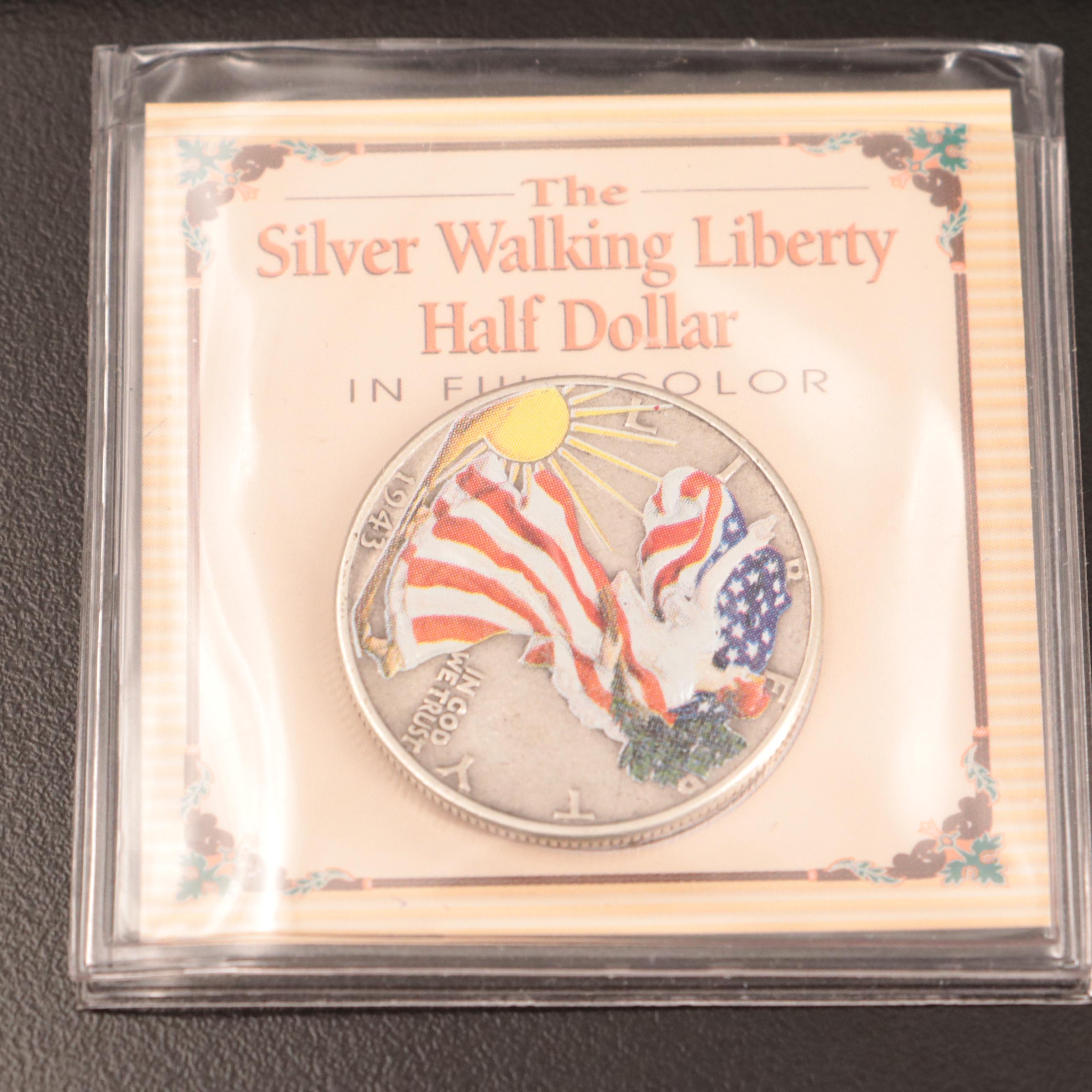 Two Colorized American Silver Eagles With Colorized Walking Liberty Half Dollar