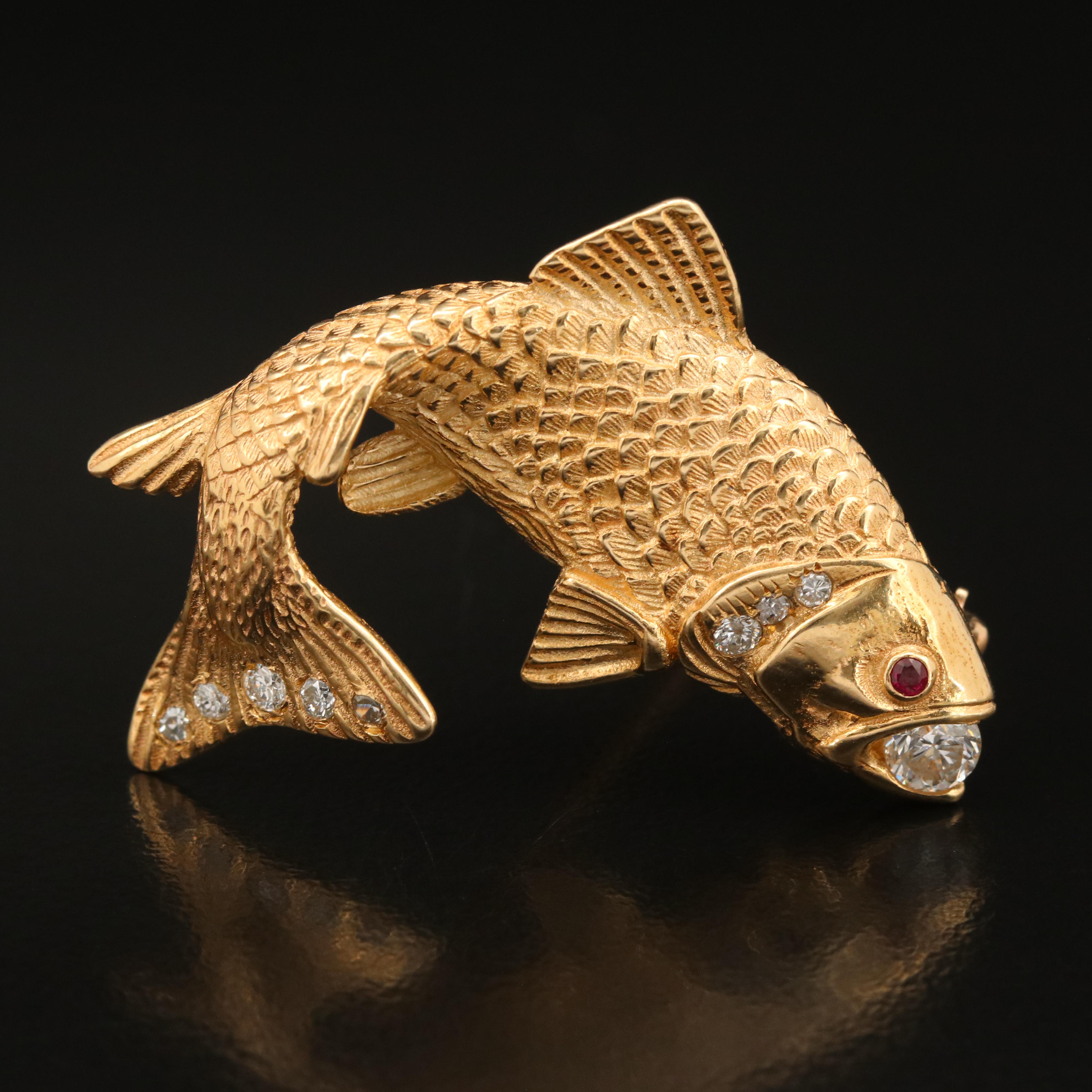 Krementz 14K Diamond and Ruby Fish Converter Brooch