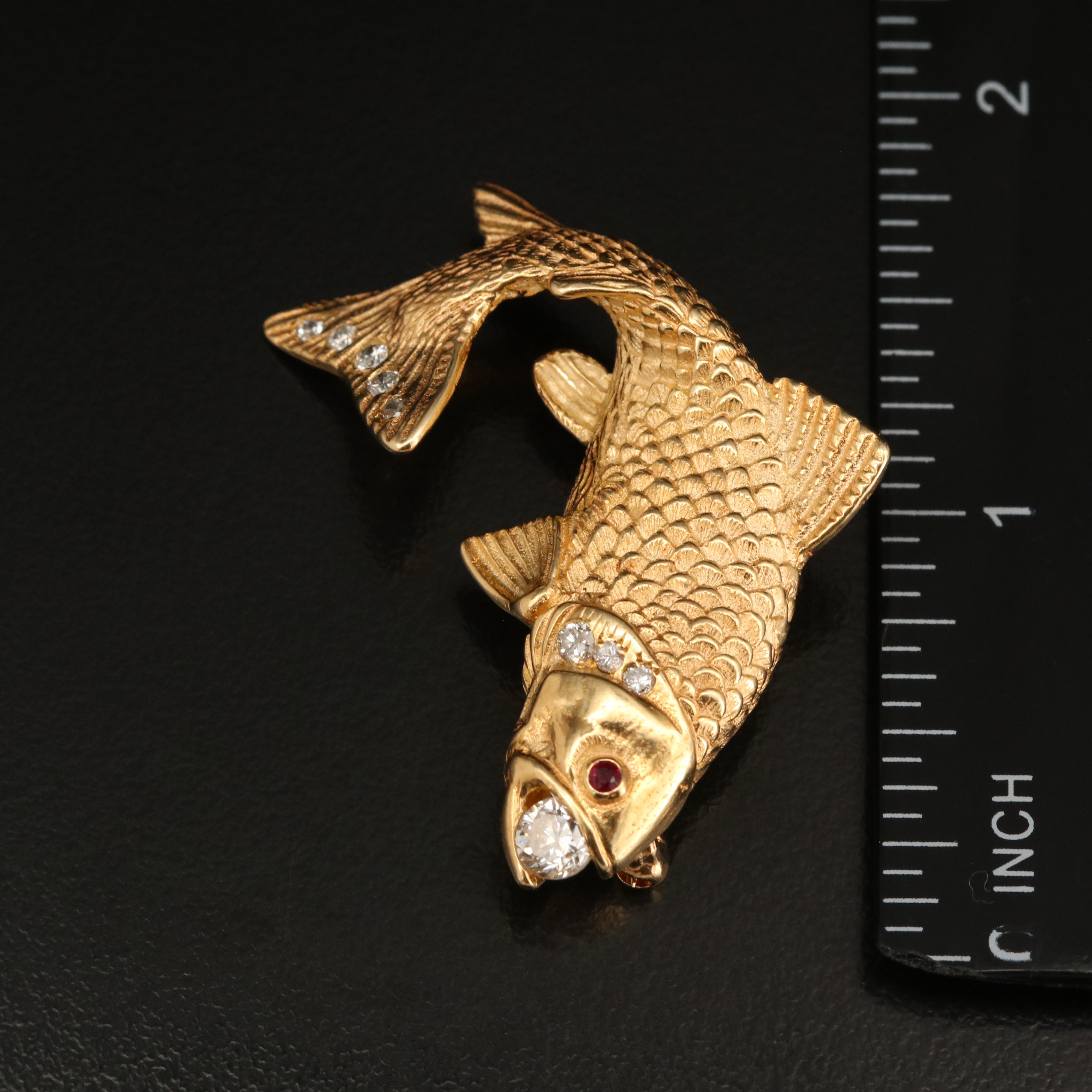 Krementz 14K Diamond and Ruby Fish Converter Brooch