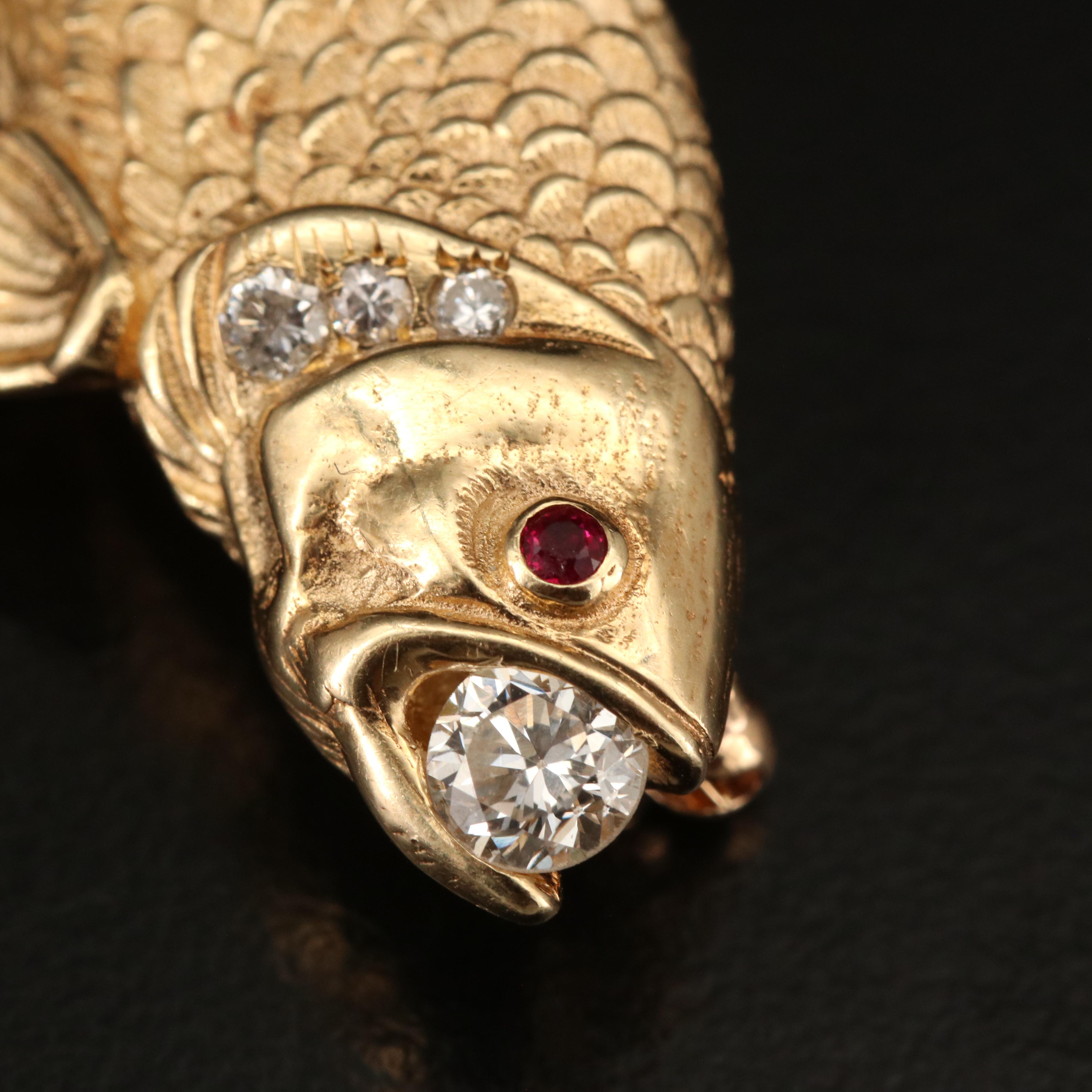 Krementz 14K Diamond and Ruby Fish Converter Brooch