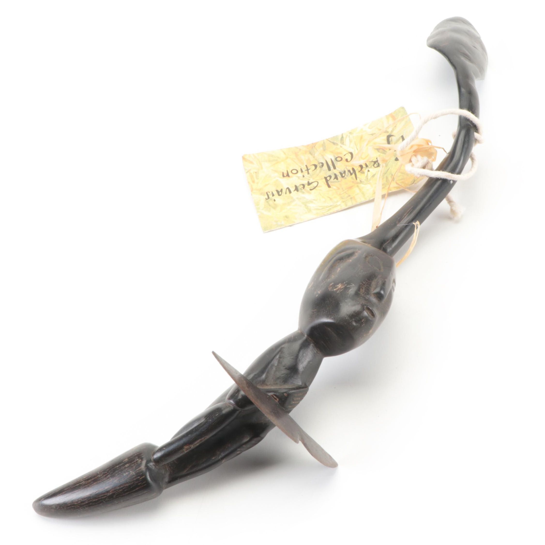 Filipino Carved Horn Bulul Figural Rice Harvester Finger Knife, Mid-20th Century