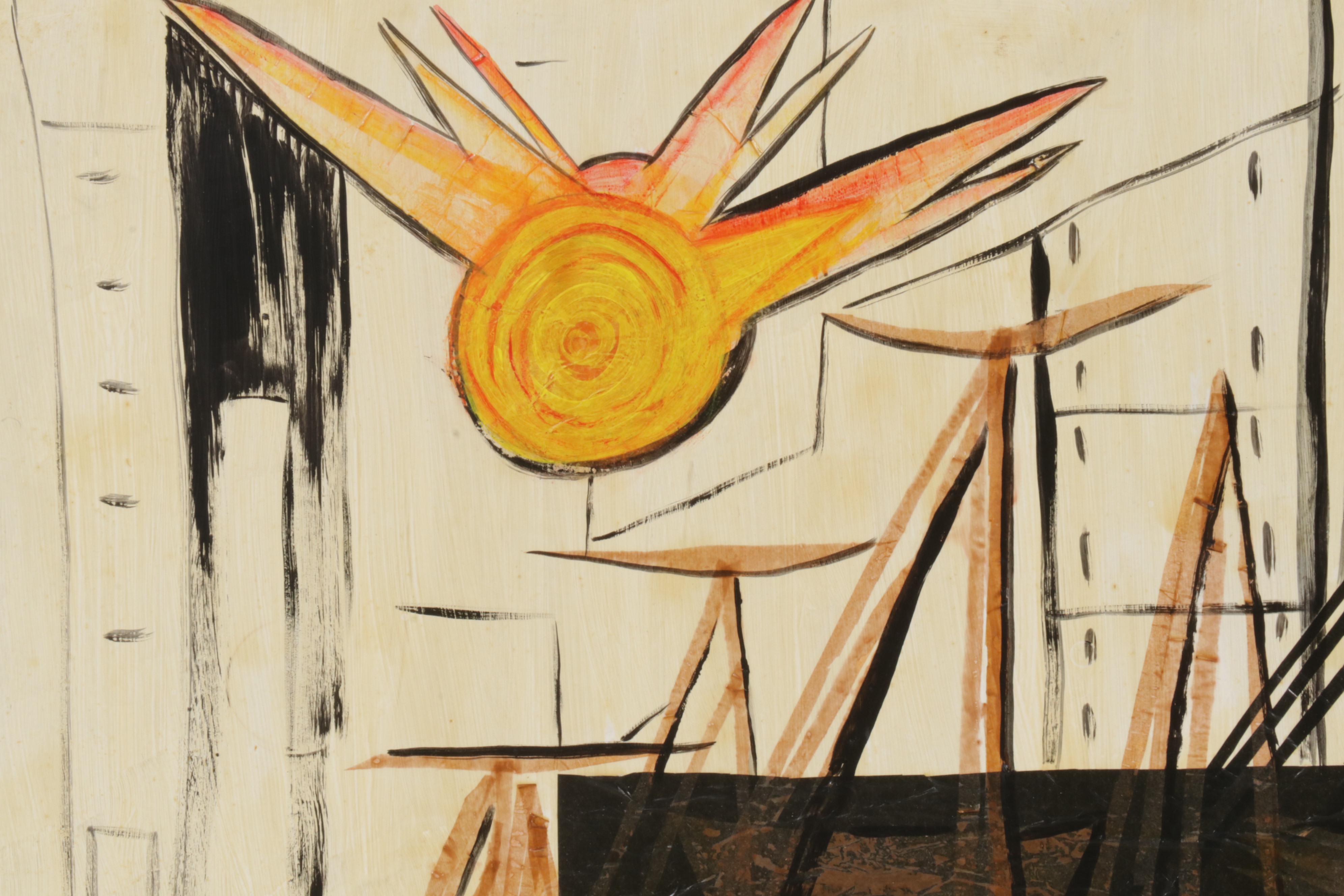 Frances Luckoff Mixed Media Painting of Boats in Harbor, Late 20th Century