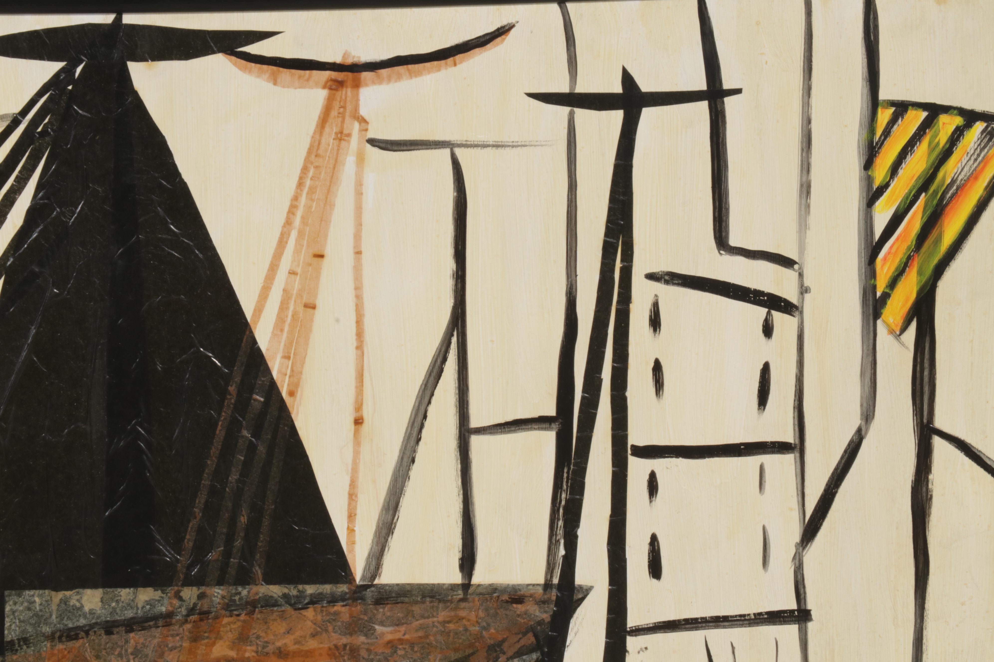 Frances Luckoff Mixed Media Painting of Boats in Harbor, Late 20th Century