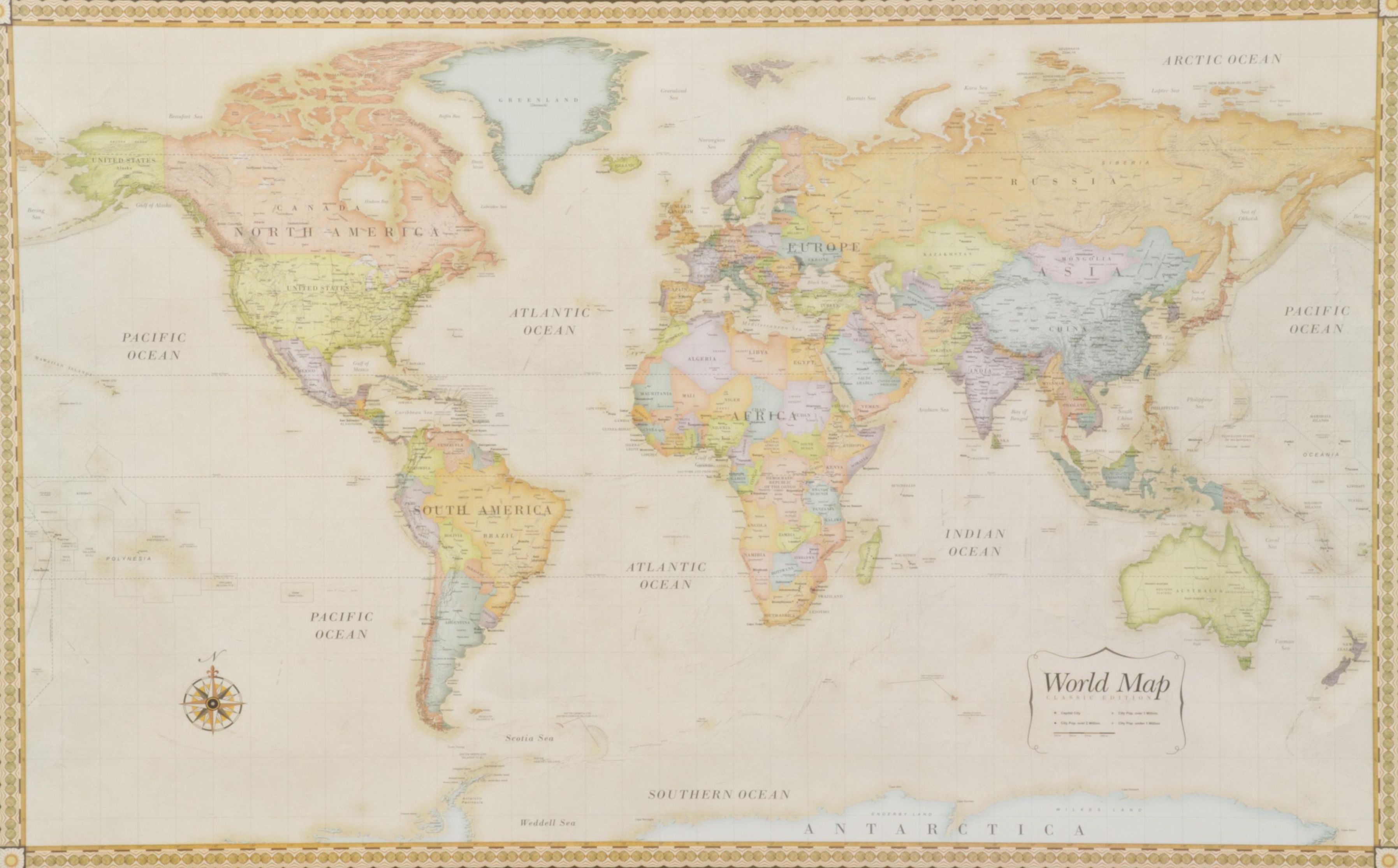 Magnetic World Map Offset Lithograph Wall Hanging, 21st Century