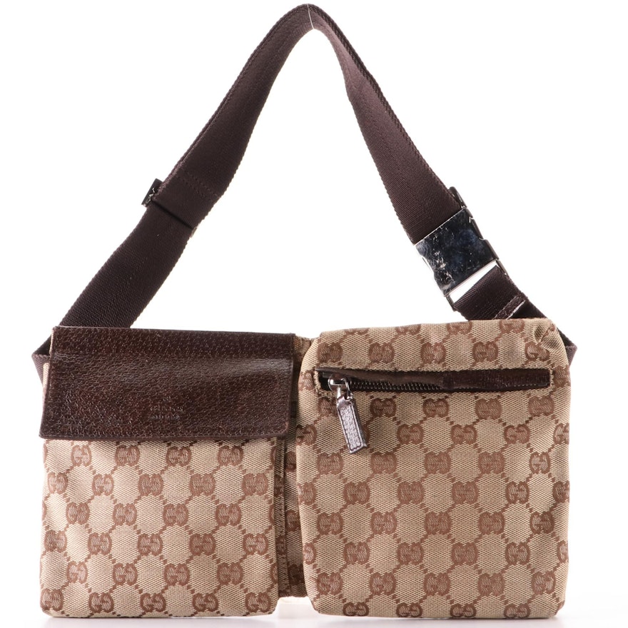Gucci Belt Bag in GG Canvas and Dark Brown Leather