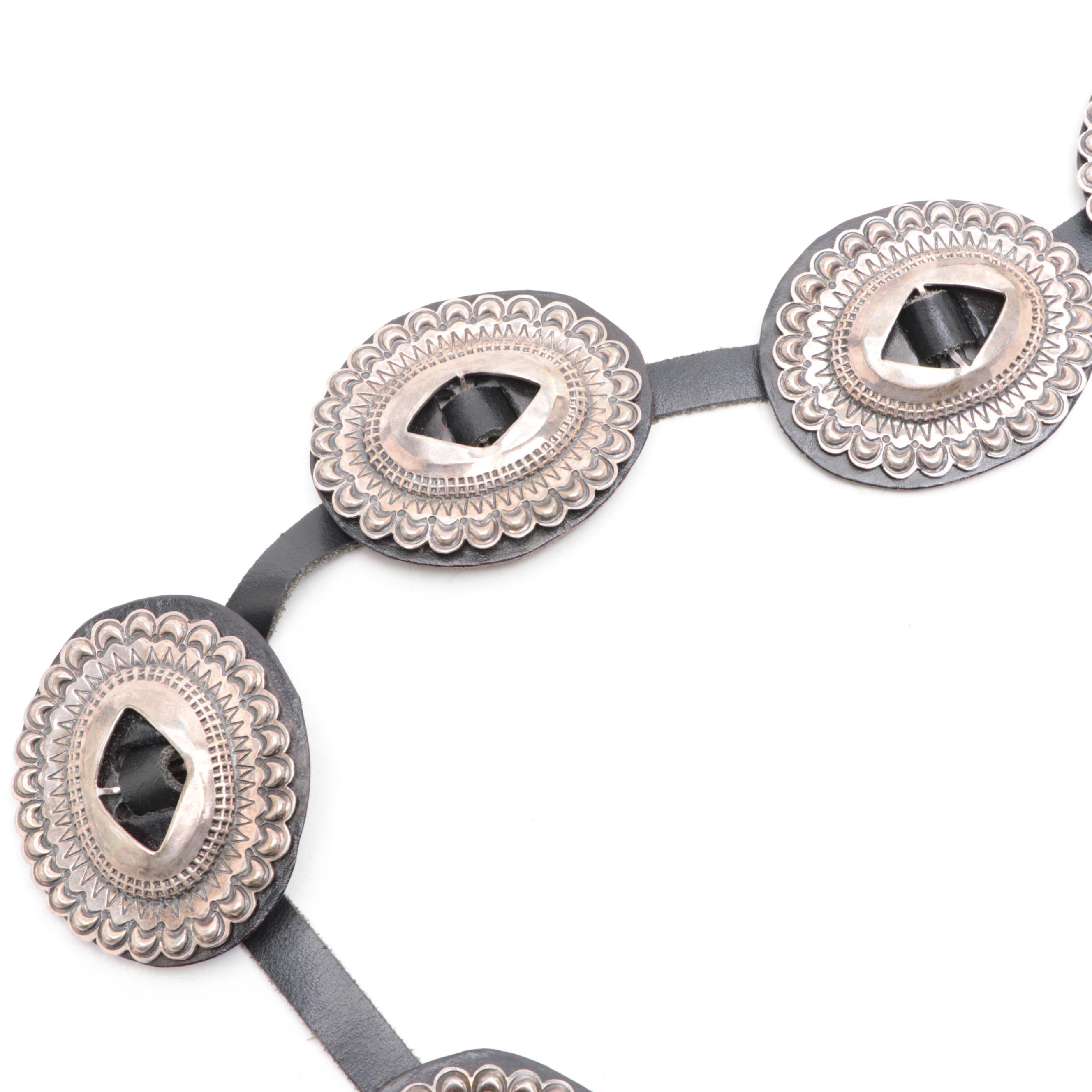 Southwestern Style Sterling Silver Concho Leather Belt