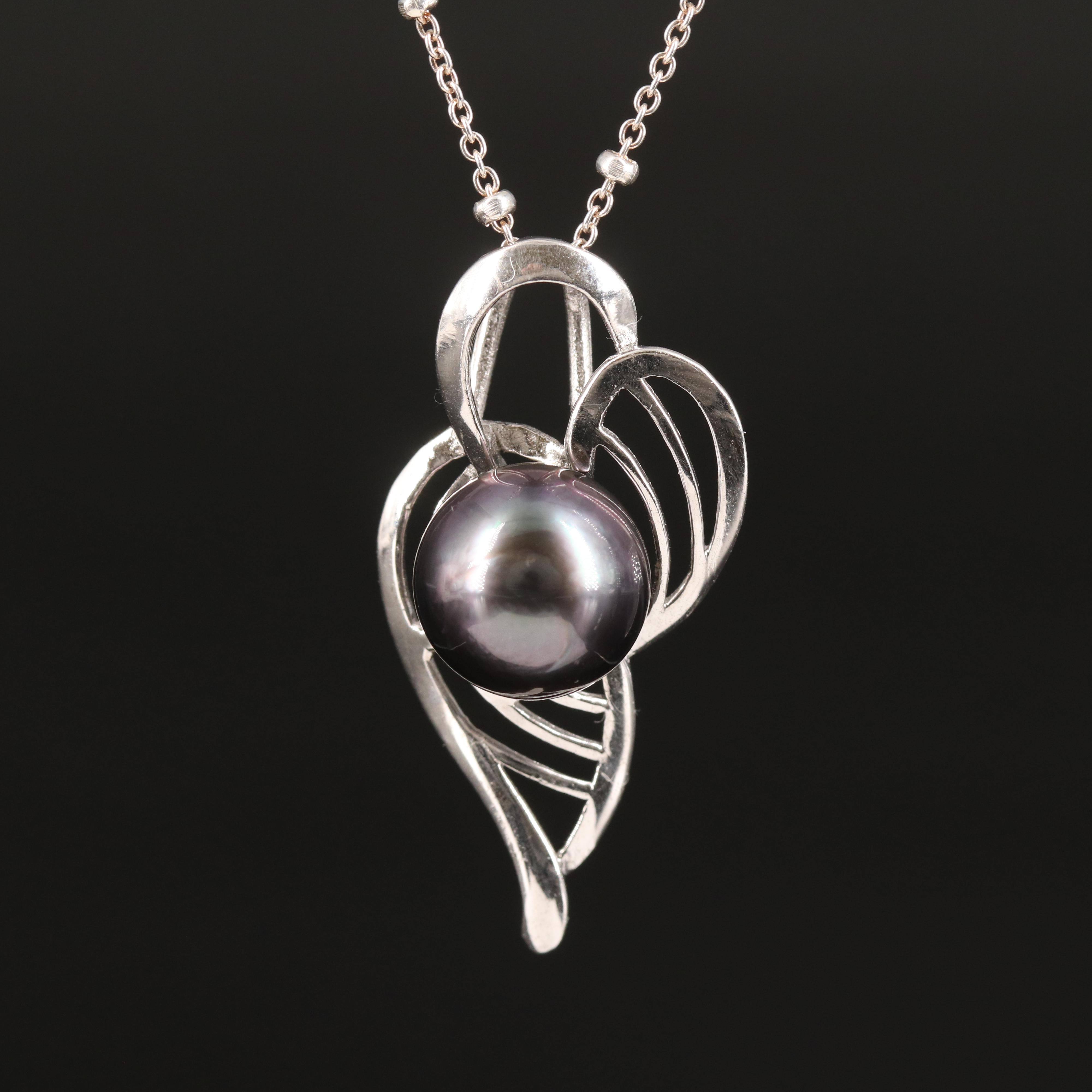 Pearl Pendant on Bead Station Necklace in Sterling