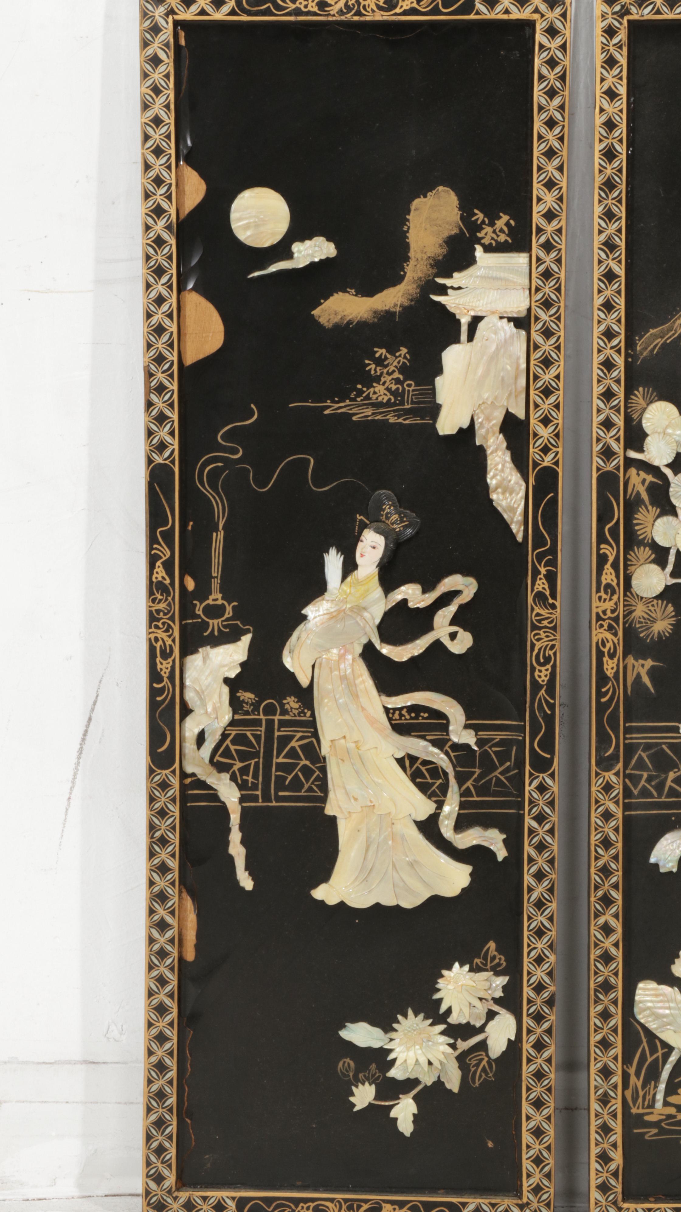 Chinese Style Black Lacquered and Painted Hanging Panels With Inlaid Resin