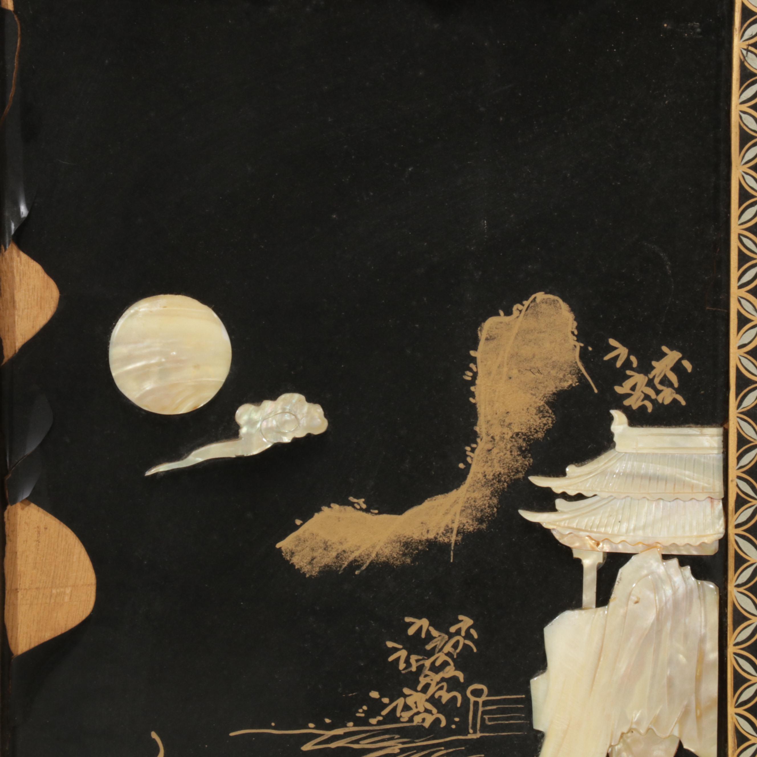 Chinese Style Black Lacquered and Painted Hanging Panels With Inlaid Resin