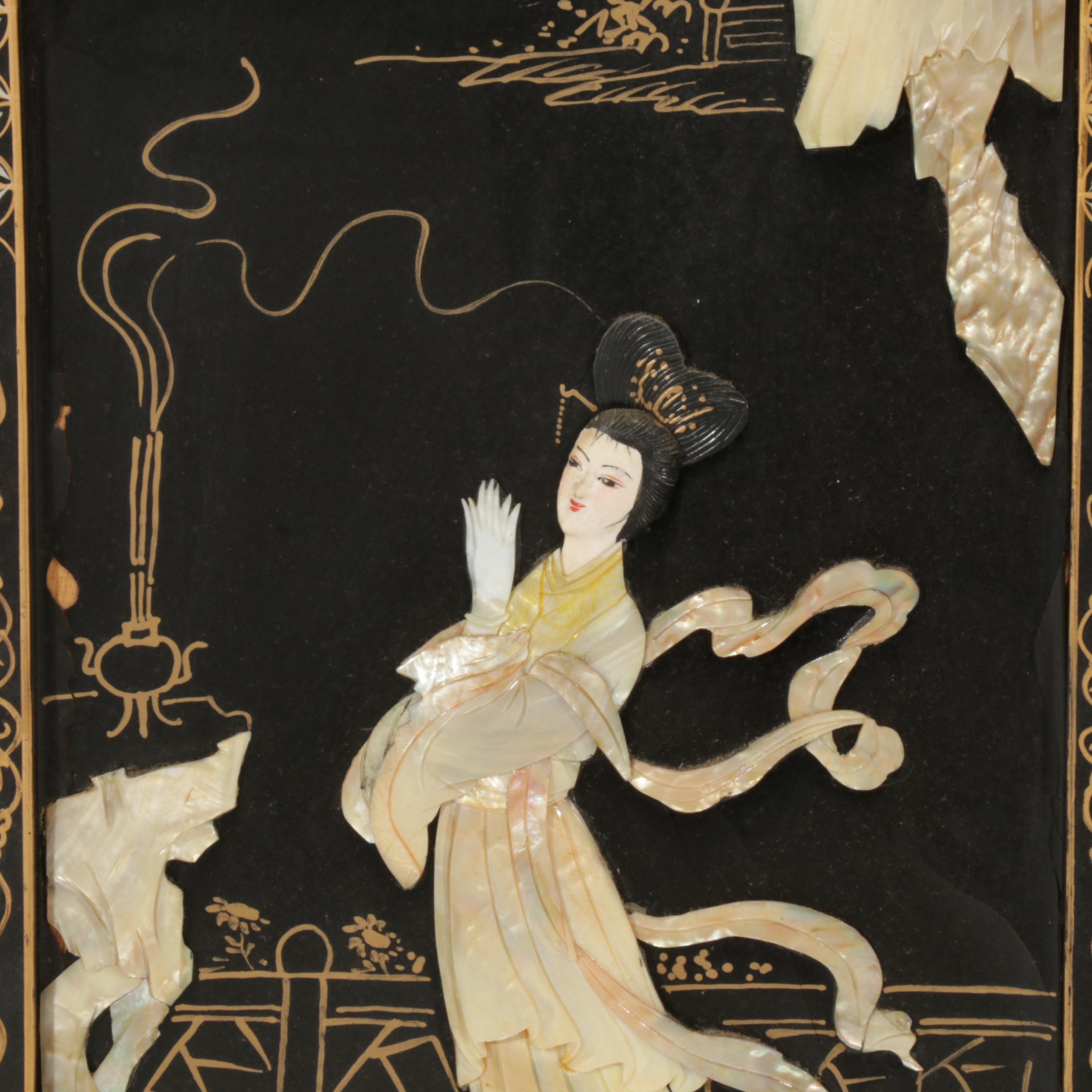 Chinese Style Black Lacquered and Painted Hanging Panels With Inlaid Resin