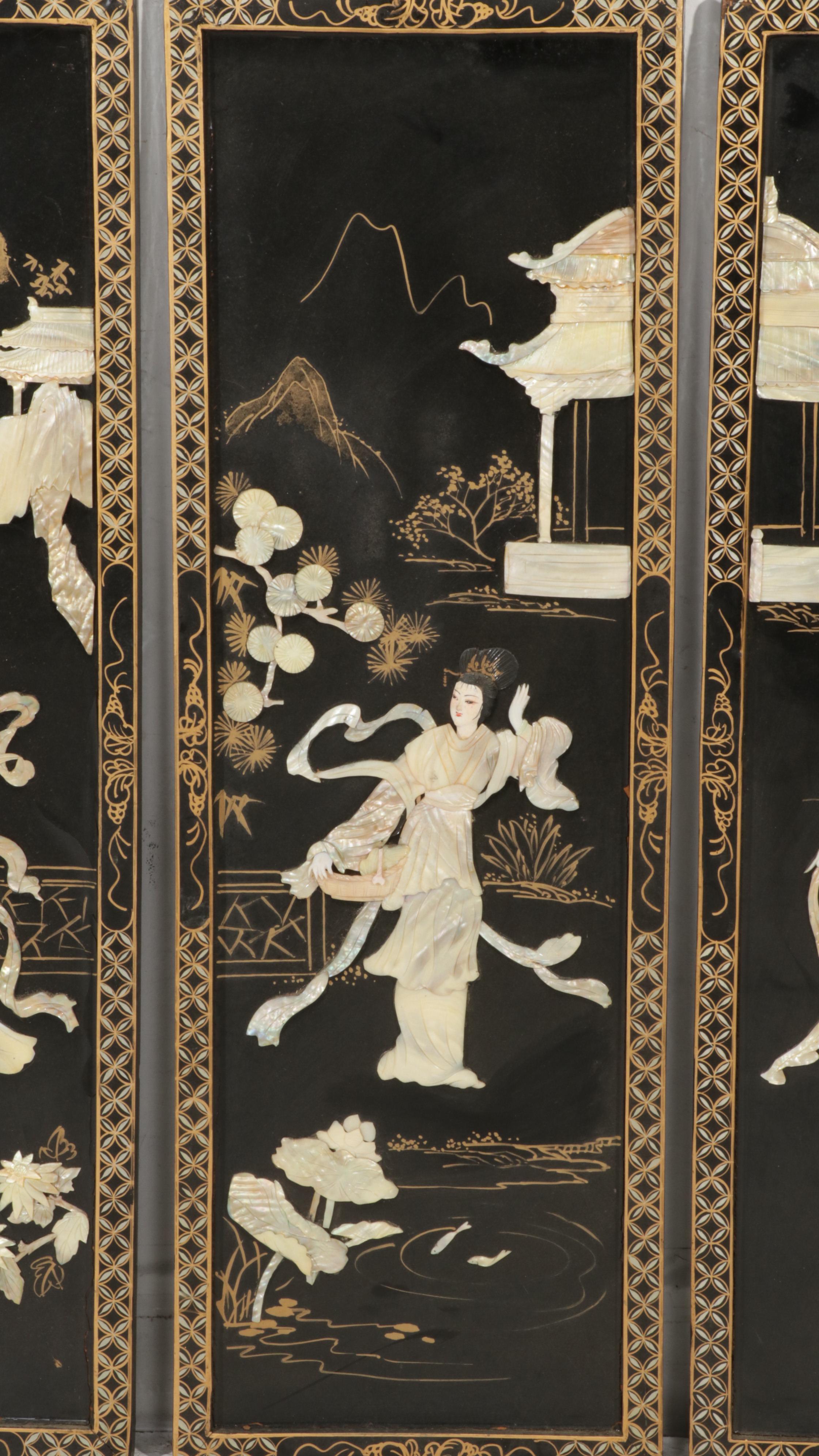 Chinese Style Black Lacquered and Painted Hanging Panels With Inlaid Resin