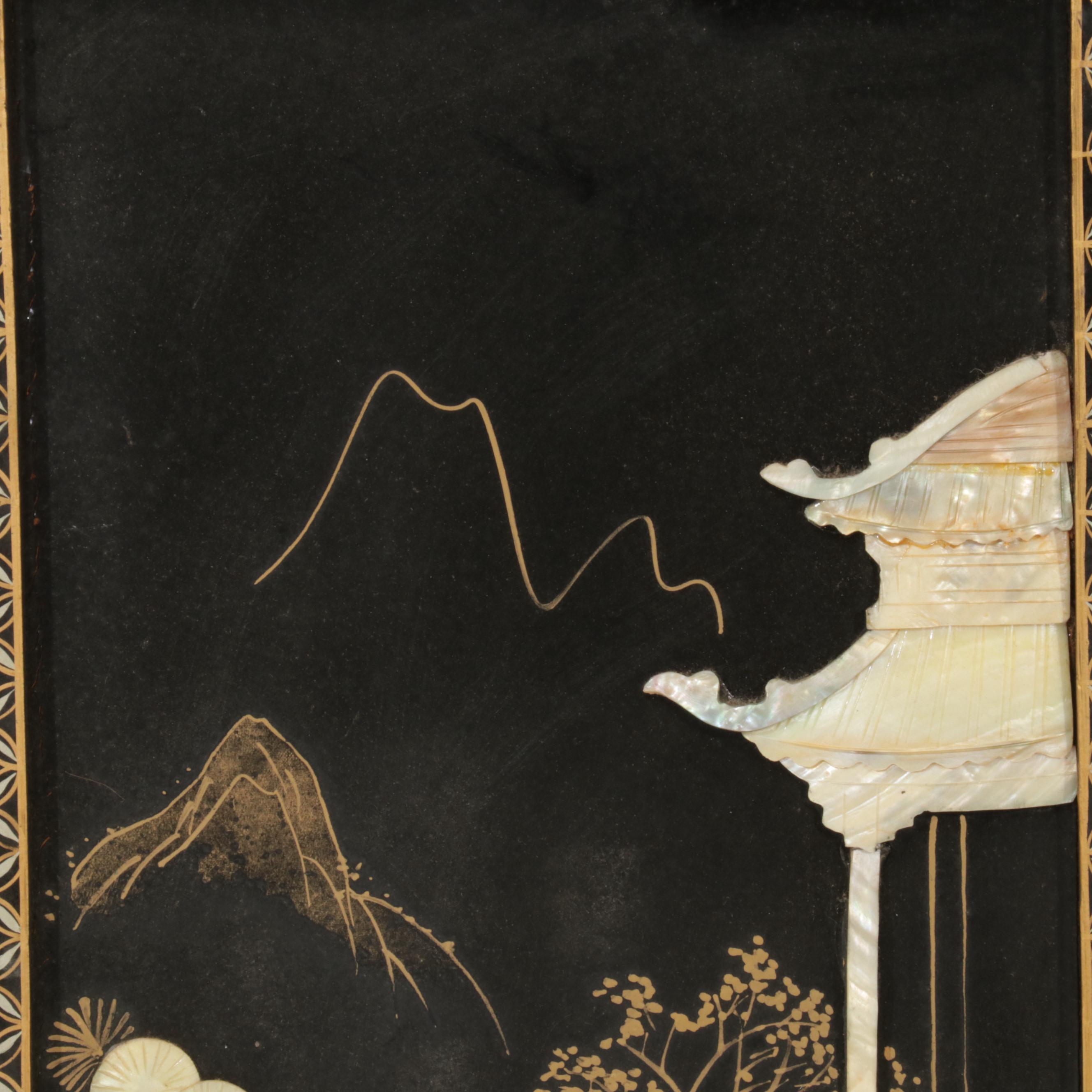 Chinese Style Black Lacquered and Painted Hanging Panels With Inlaid Resin