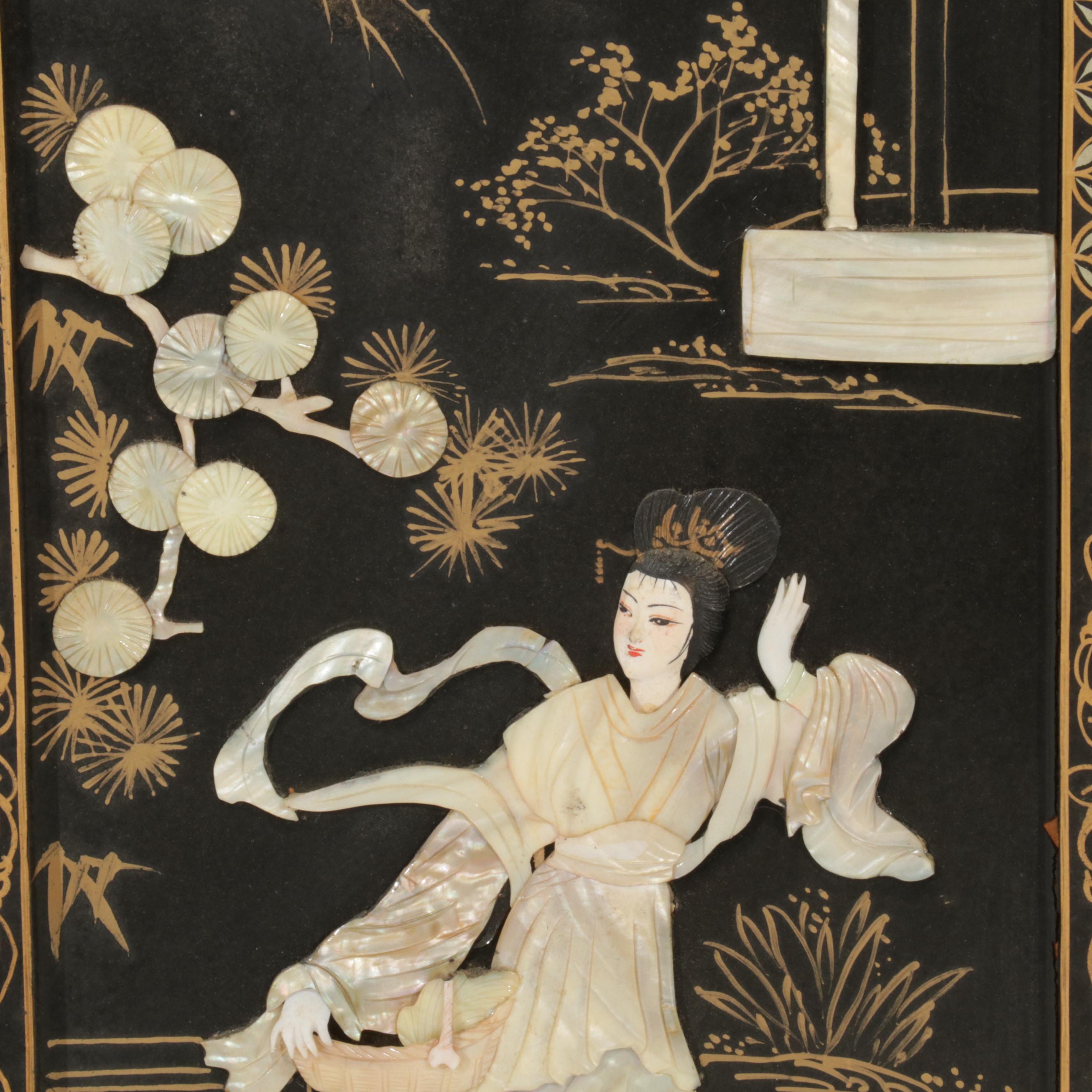 Chinese Style Black Lacquered and Painted Hanging Panels With Inlaid Resin