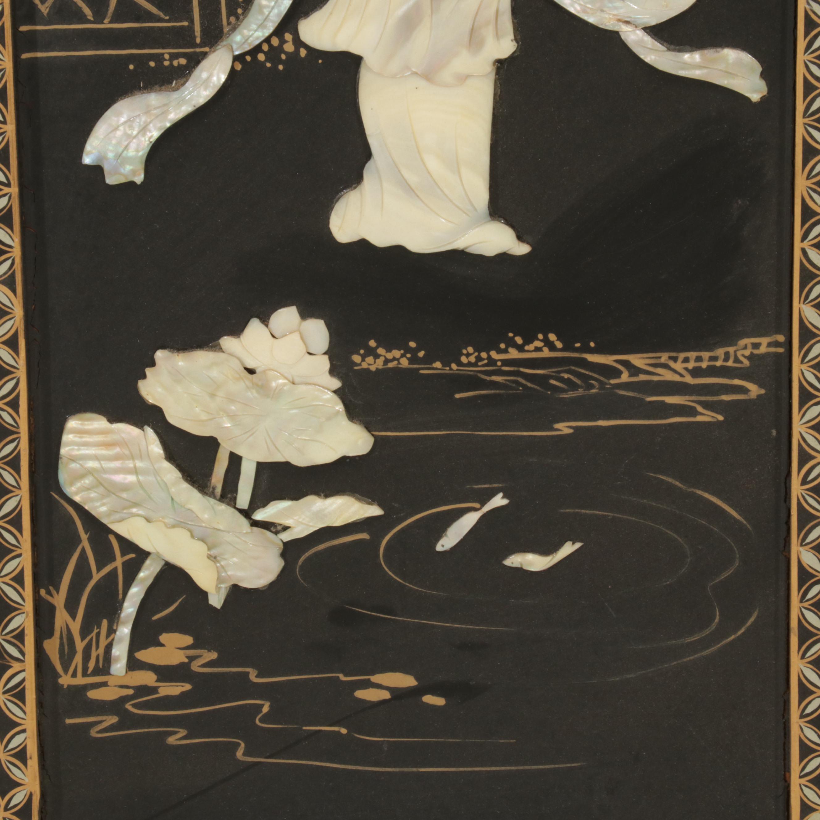 Chinese Style Black Lacquered and Painted Hanging Panels With Inlaid Resin