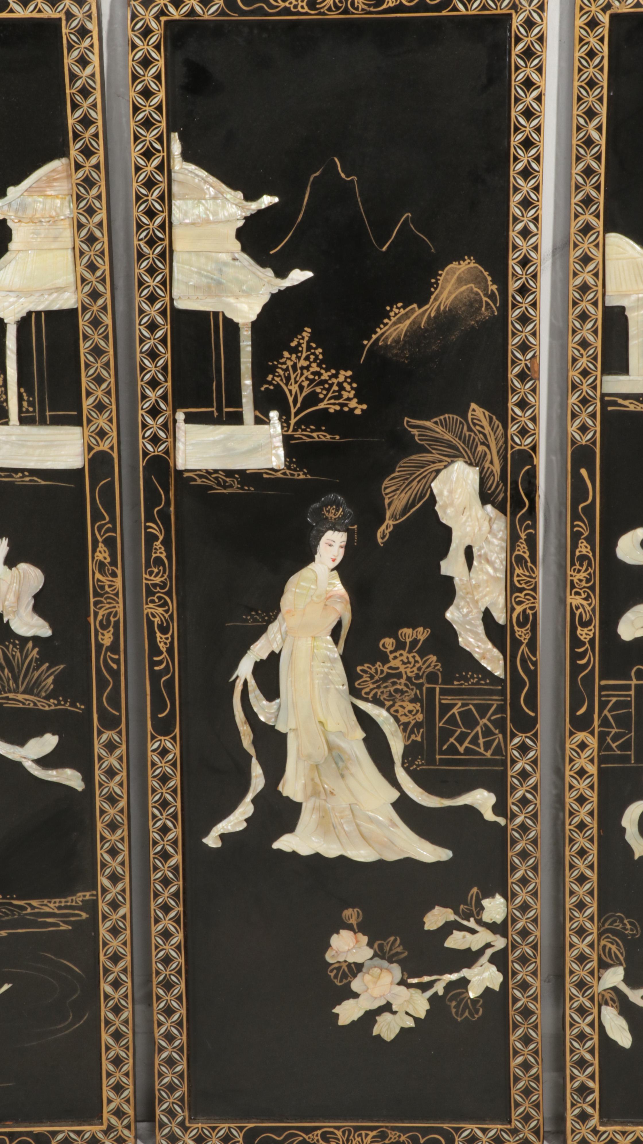 Chinese Style Black Lacquered and Painted Hanging Panels With Inlaid Resin