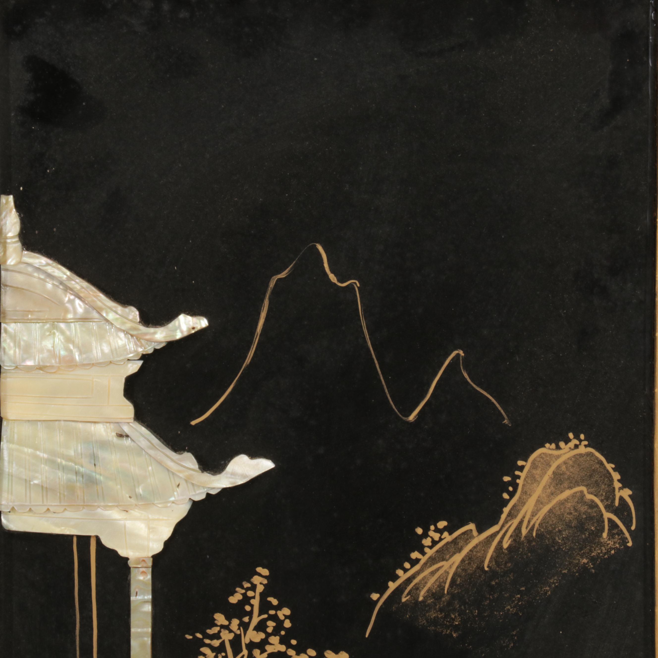 Chinese Style Black Lacquered and Painted Hanging Panels With Inlaid Resin