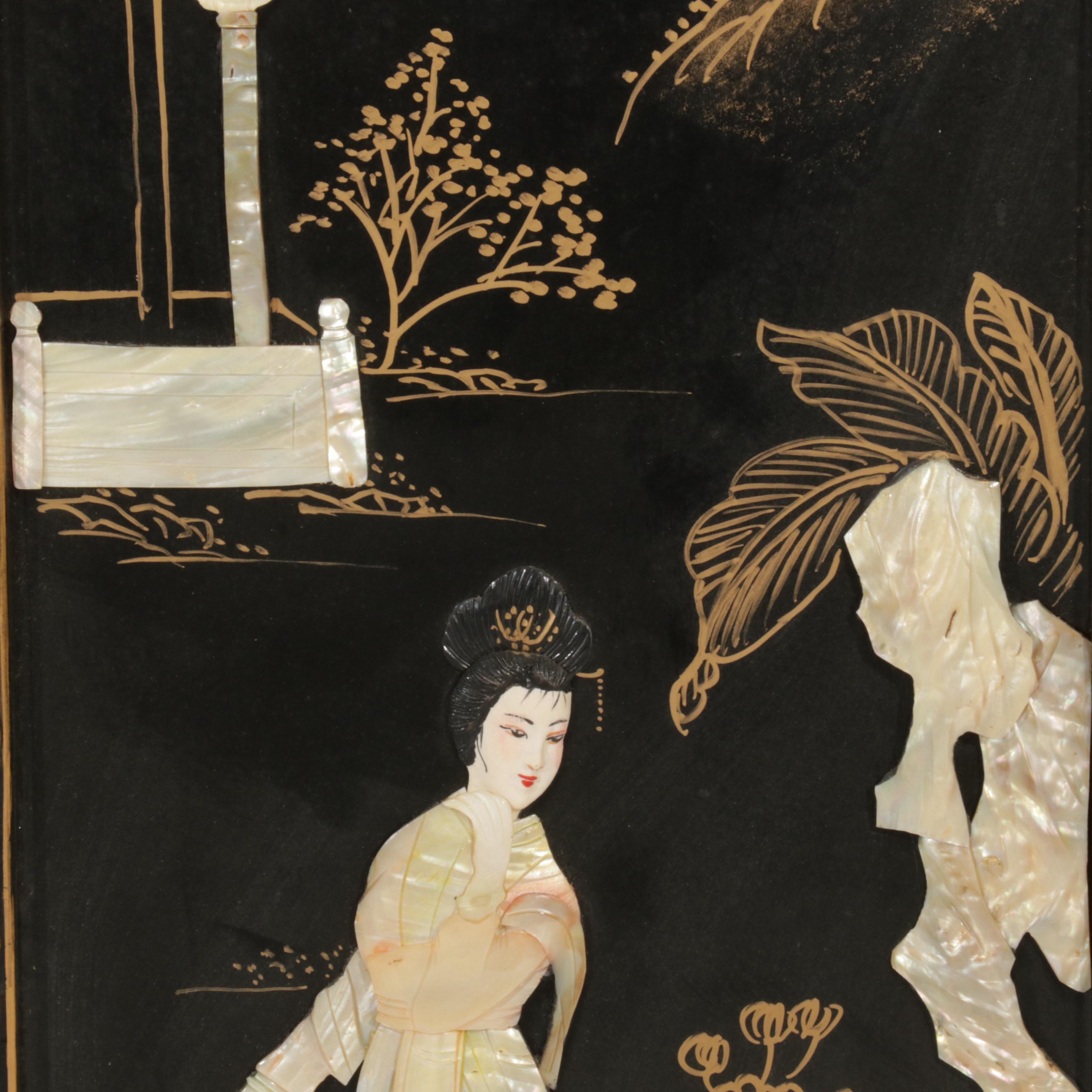 Chinese Style Black Lacquered and Painted Hanging Panels With Inlaid Resin