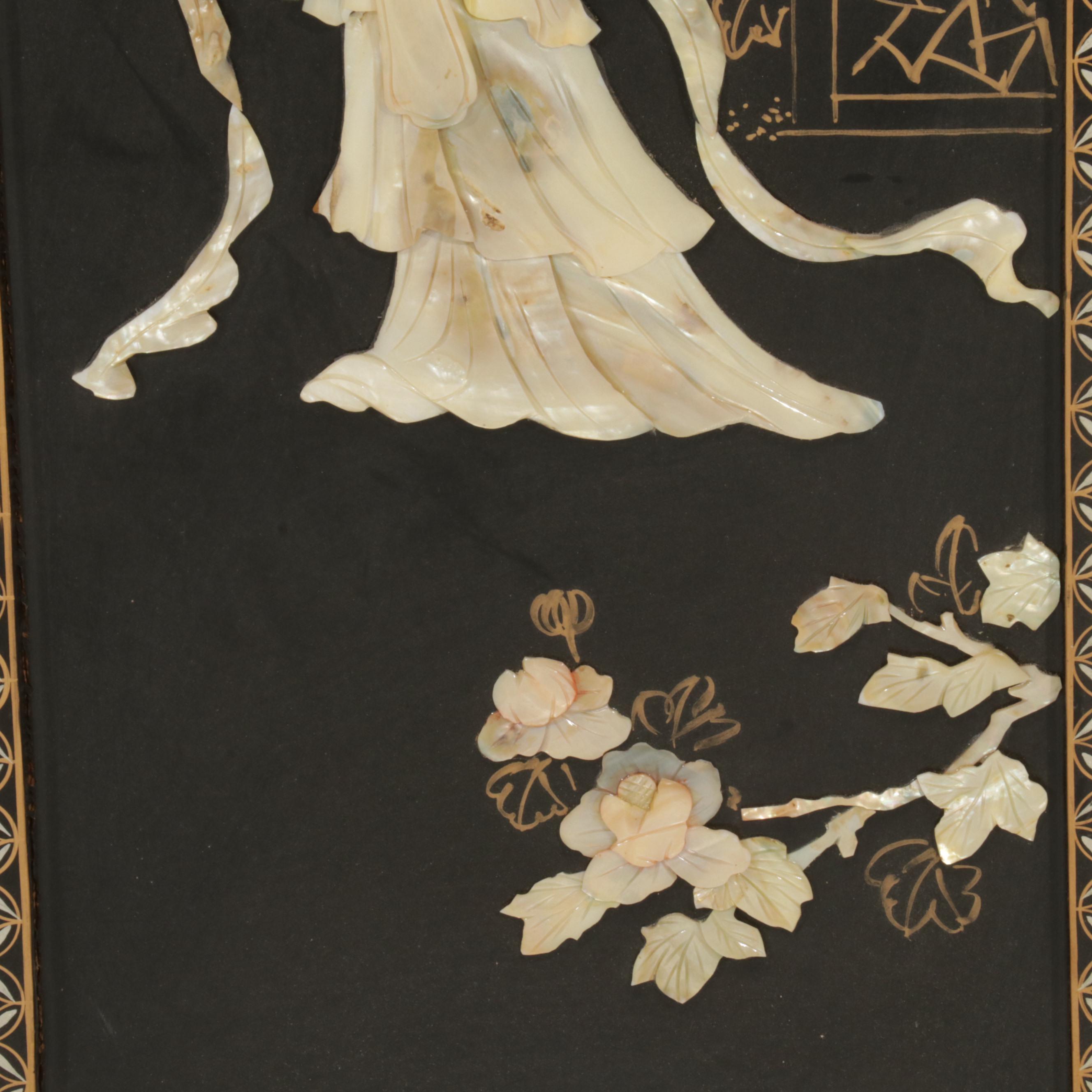 Chinese Style Black Lacquered and Painted Hanging Panels With Inlaid Resin