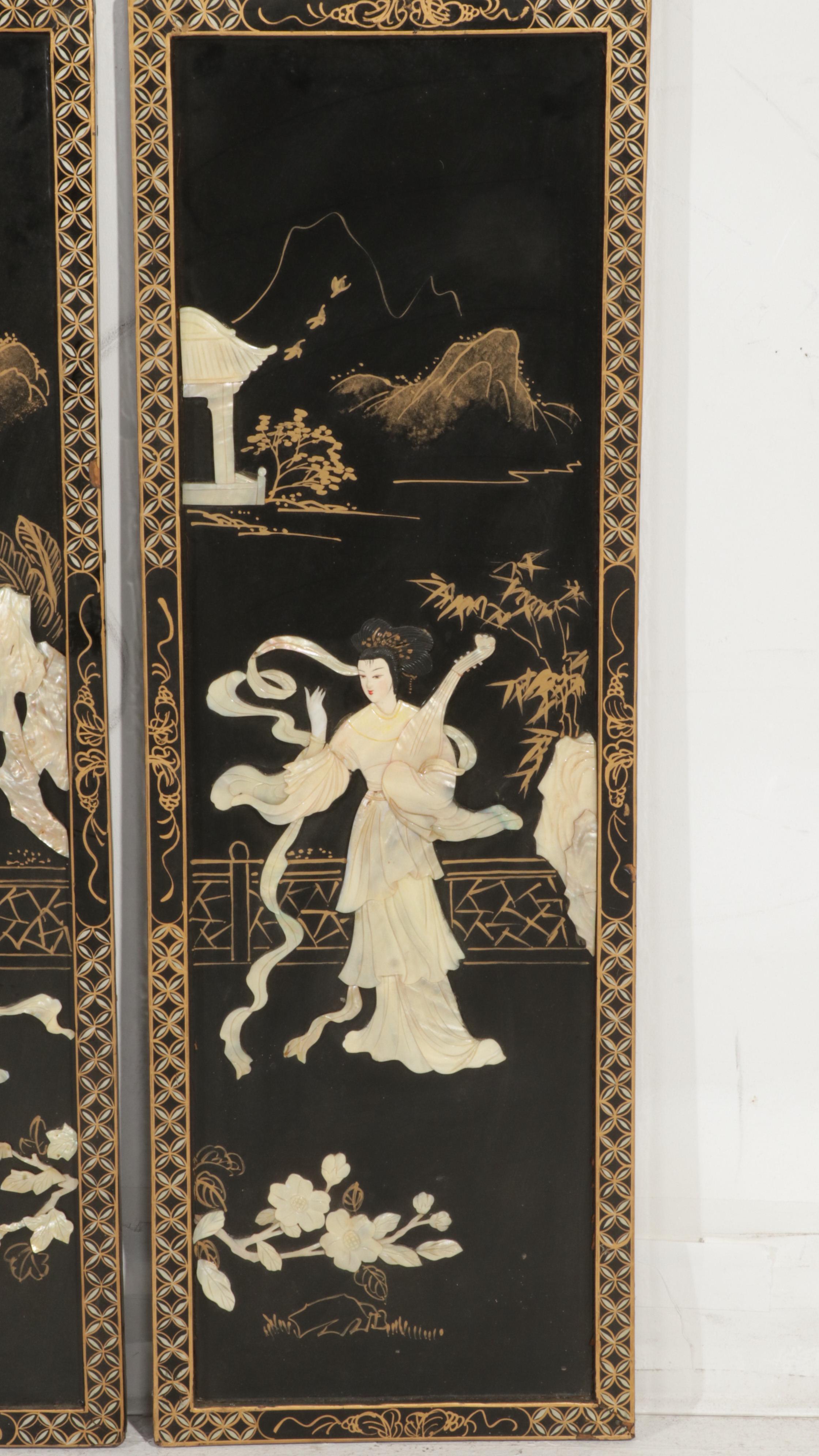 Chinese Style Black Lacquered and Painted Hanging Panels With Inlaid Resin