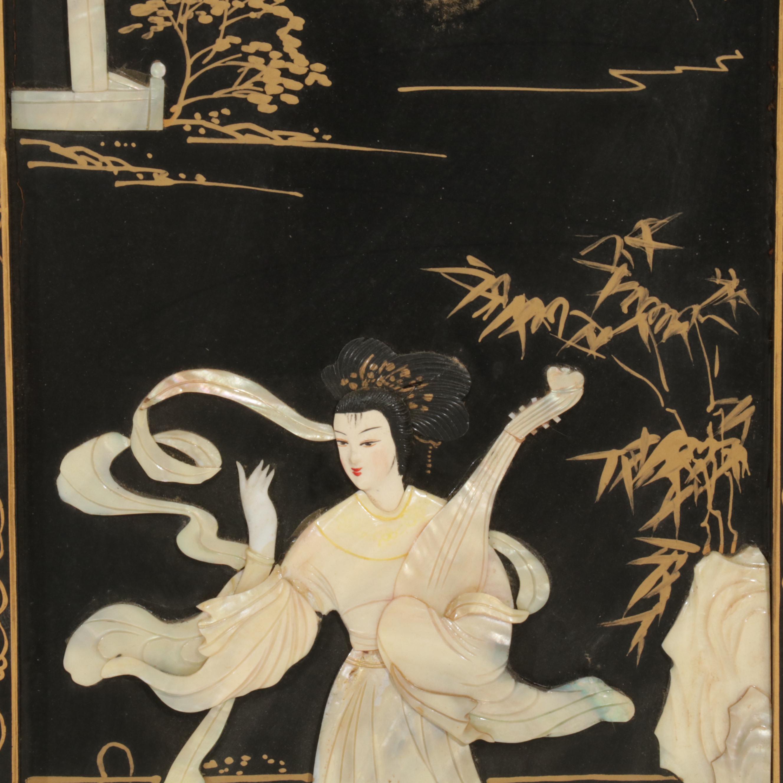 Chinese Style Black Lacquered and Painted Hanging Panels With Inlaid Resin